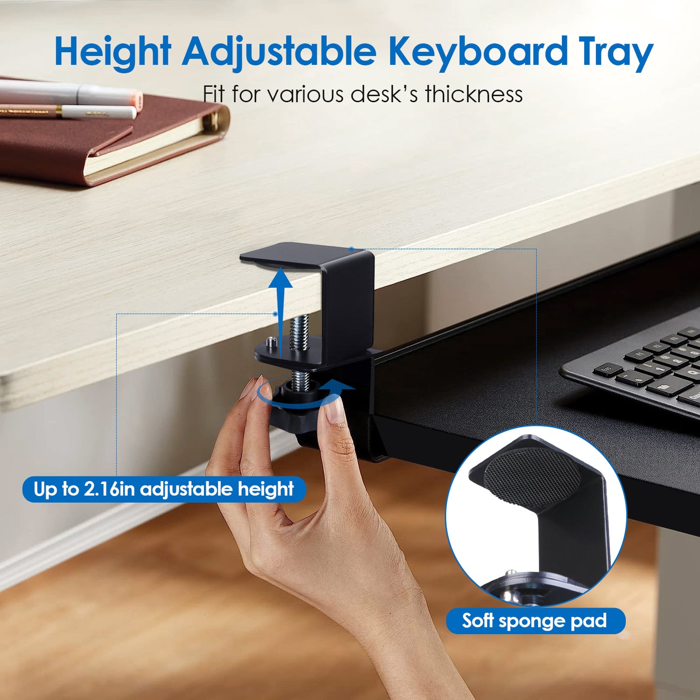 25.59x9.64x0.51in Keyboard Mouse Tray Under Desk Retractable Slide Out Drawer Height Adjustable with C Clamp 55LBS Load
