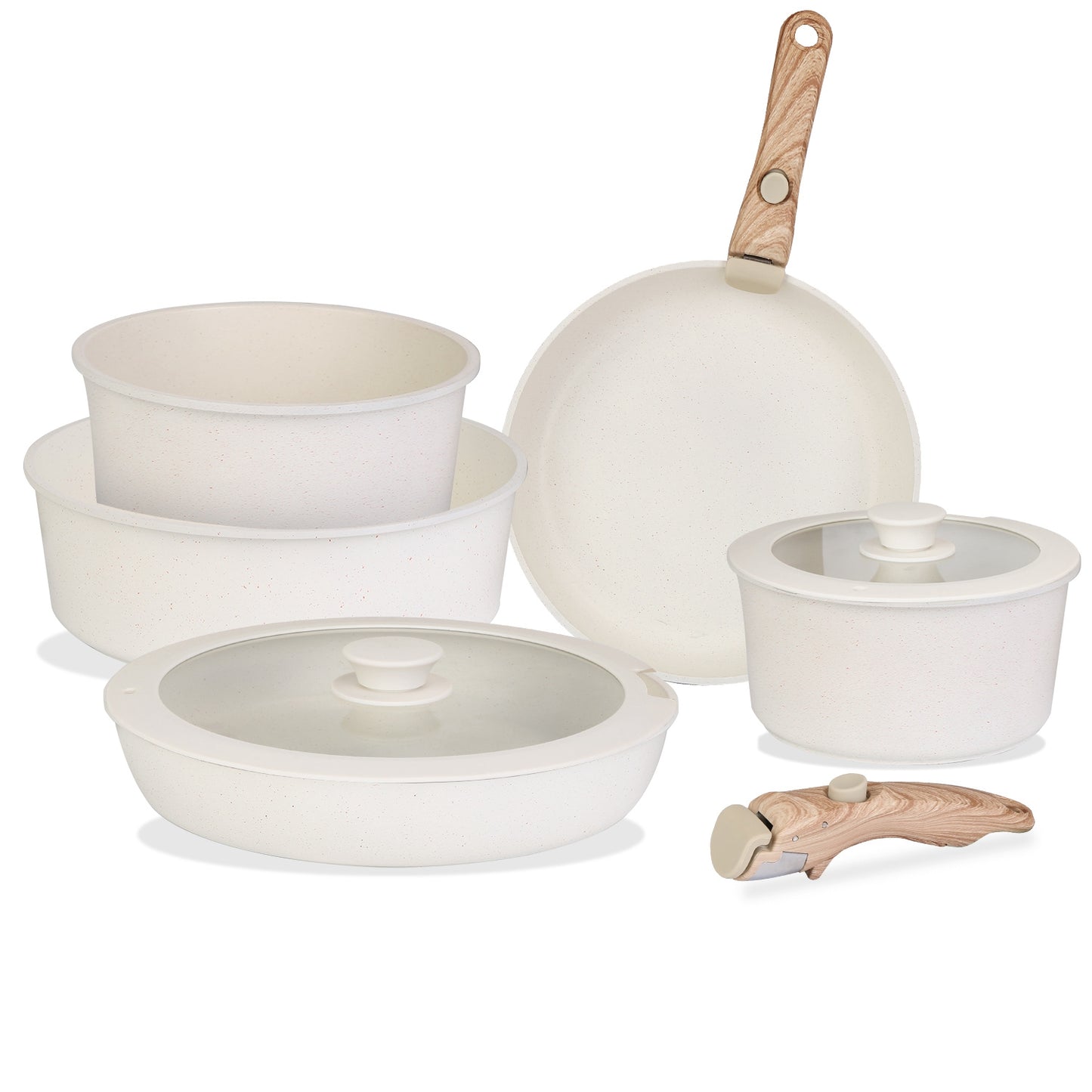 9Pcs Nonstick Cookware Set Kitchen Pots and Pans Set With Detachable Handles Tempered Glass Lids Dishwasher Oven Safe Aluminum Alloy Kitchen Cookware