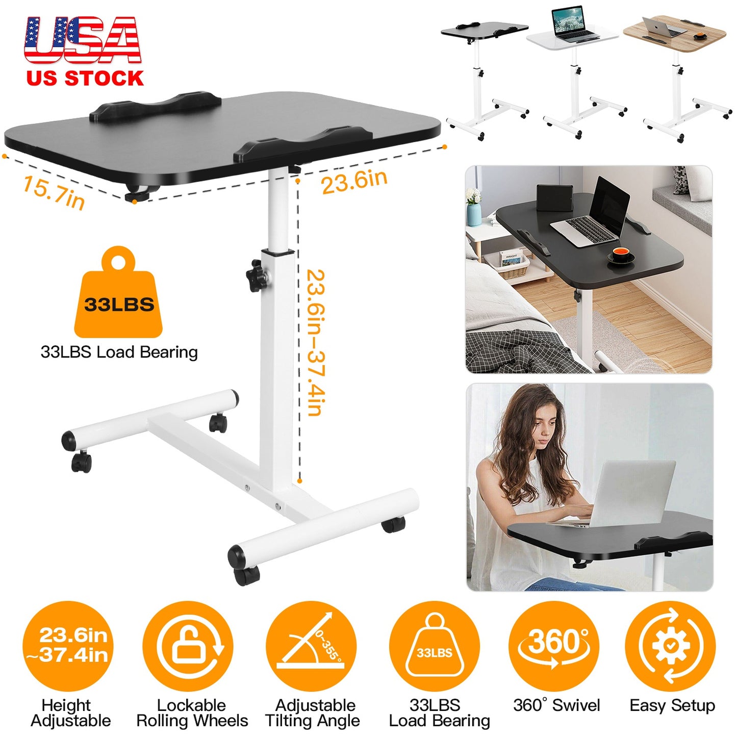Rolling Laptop Table Portable Computer Desk Movable Table with Adjustable Height Tilting Angle