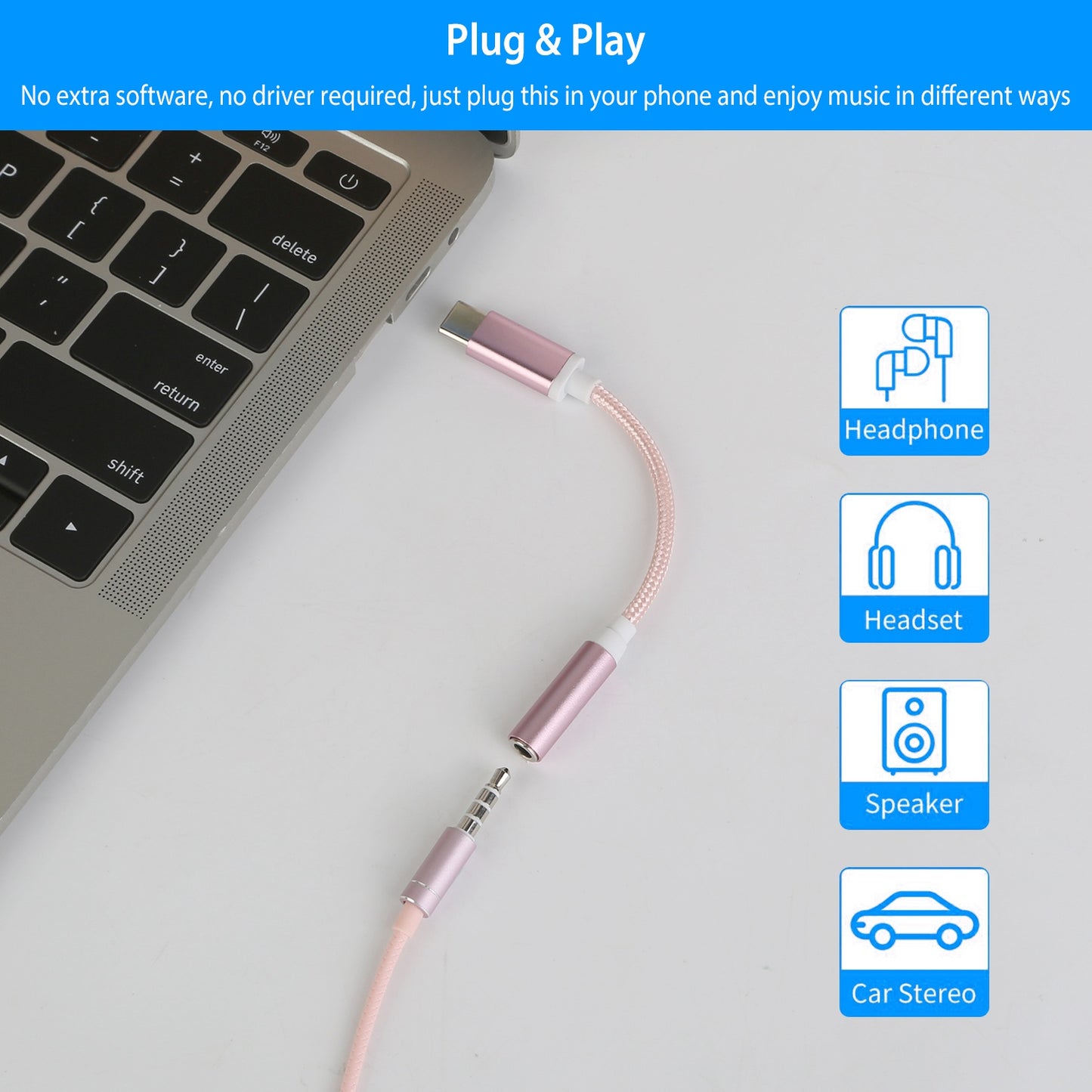 USB-C Type C Adapter Port to 3.5mm Aux Audio Jack Earphone Headphone Cable Cord