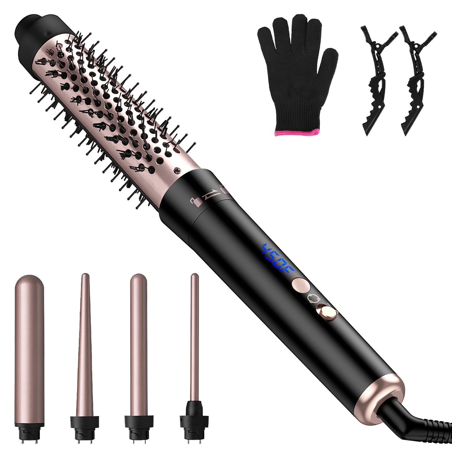 5 in 1 Curling Wand Hair Curling Iron Brush Hair Thermal Brush Curler with 4 Heating Levels 360¡ Rotatable Cable 5 Interchangeable Barrels 2 Clips Lea