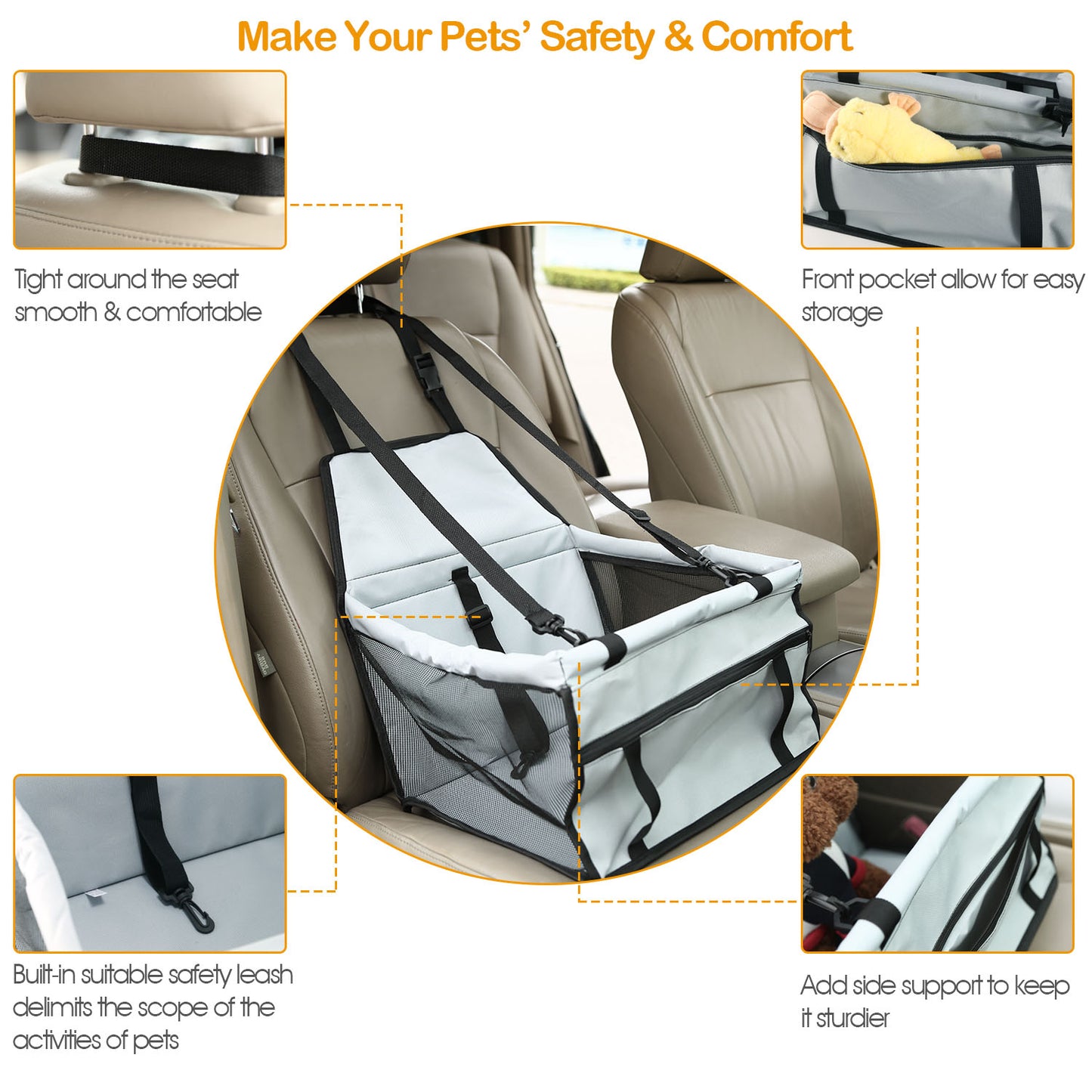 Dog Booster Car Seat Foldable Dog Booster Seat Pet Travel Carrier w/ Clip-on Safety Leash Zipper Storage Pocket for Small Medium Pets Up to 20Lbs