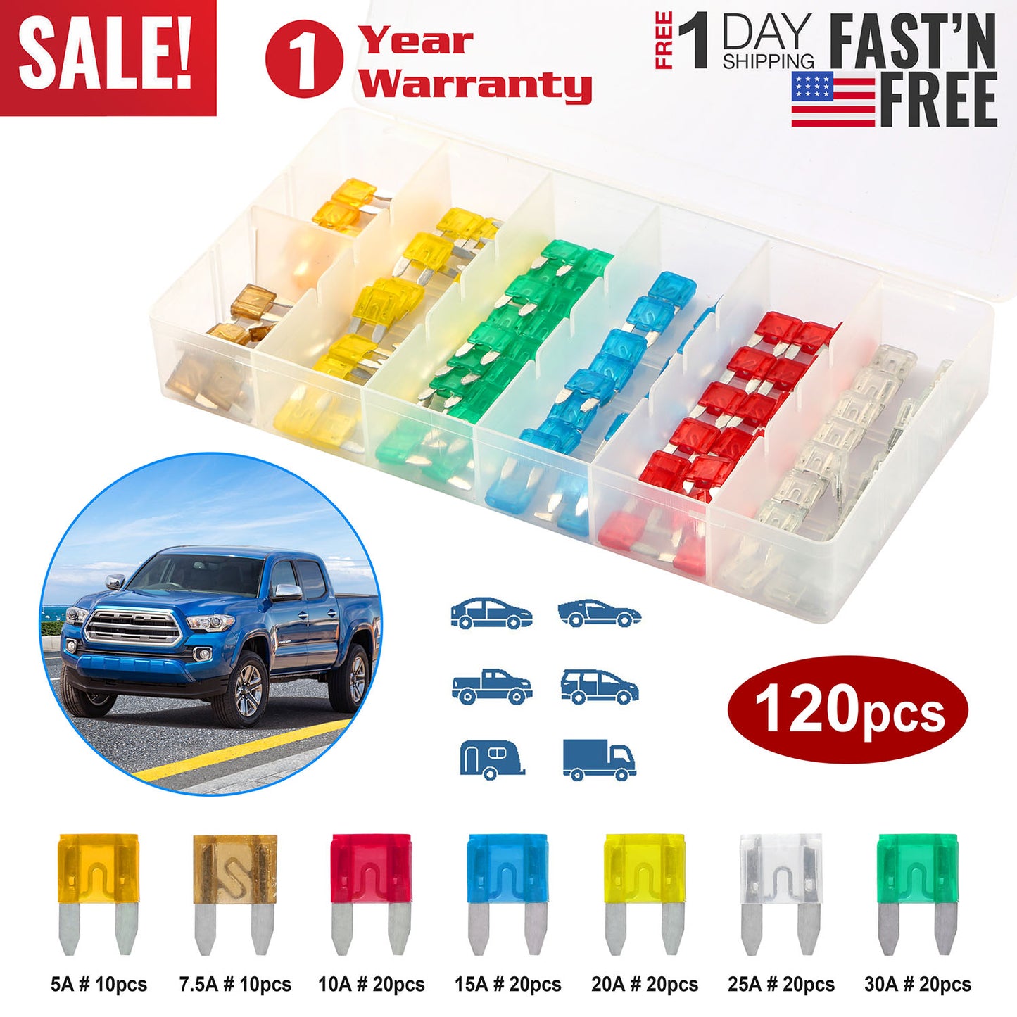 120Pcs Mini Auto Blade Fuse Set Assorted Standard Blade Fuse Kit 5A 7.5A 10A 15A 20A 25A 30A for Car Truck