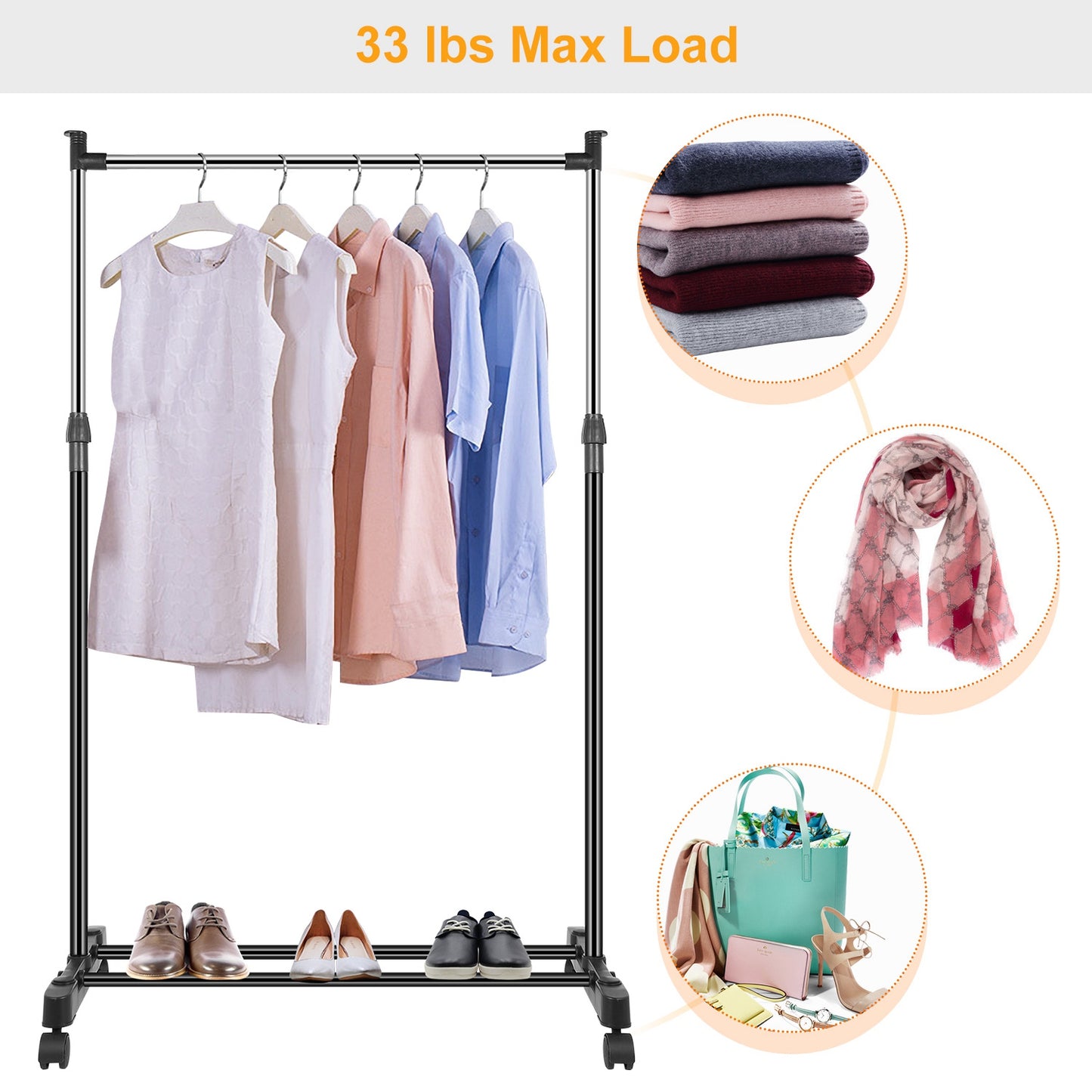 15kg/33lbs Garment Racks 3.12ft-4.80ft Height Adjustable Clothes Stand Foldable Clothes Hanger w/ Wheels Storage Shelf For Dormitory Home
