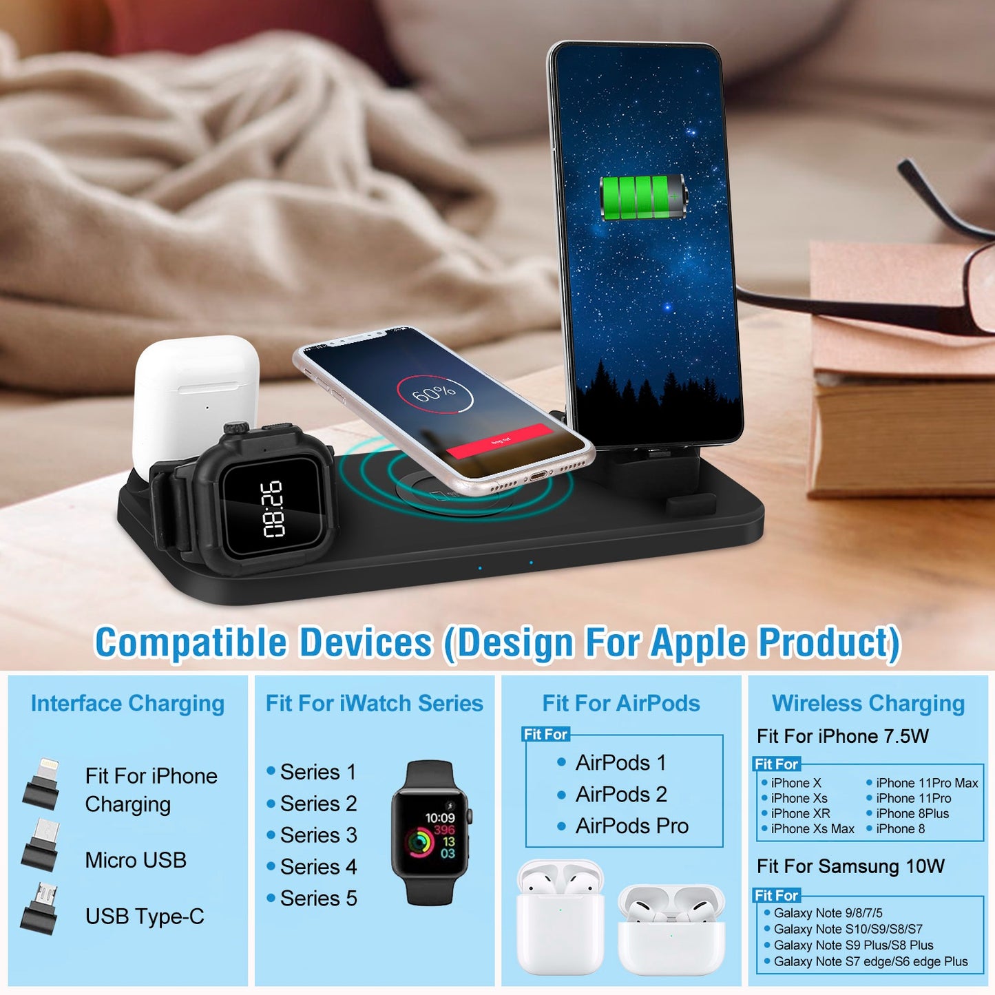 6 In 1 Qi Wireless Charger 10W Fast Charging Station Fit For iWatch 5/4/3/2/1 Airpods Pro/1/2 IOS phone Xs/MAX/XR/X/8/8Plus/11/Pro/11Pro max Galaxy No