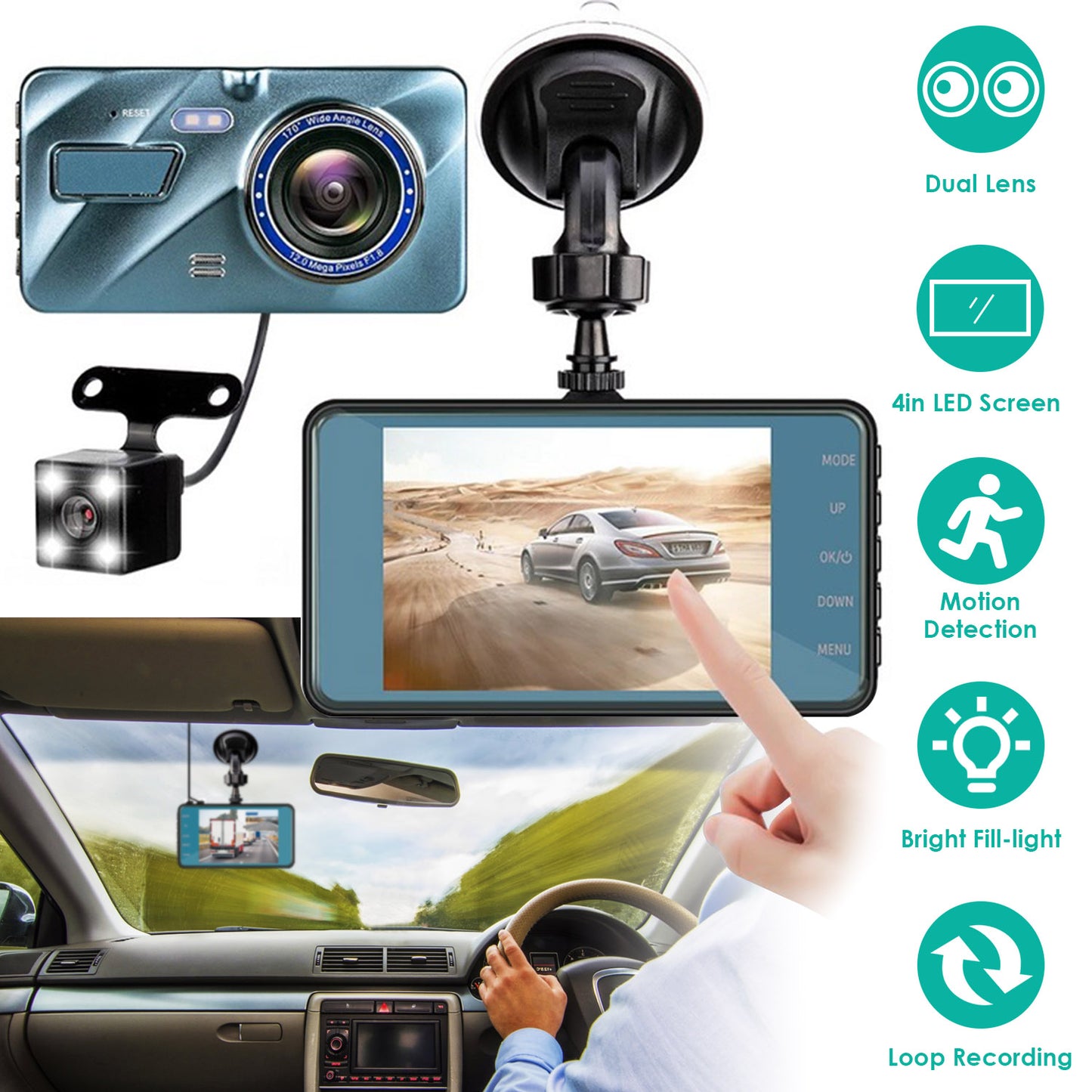 720P Dual Dash Cam Car Camera Recorder Looping Recording Car DVR Driving Vehicle Recorder with Motion Detection Light