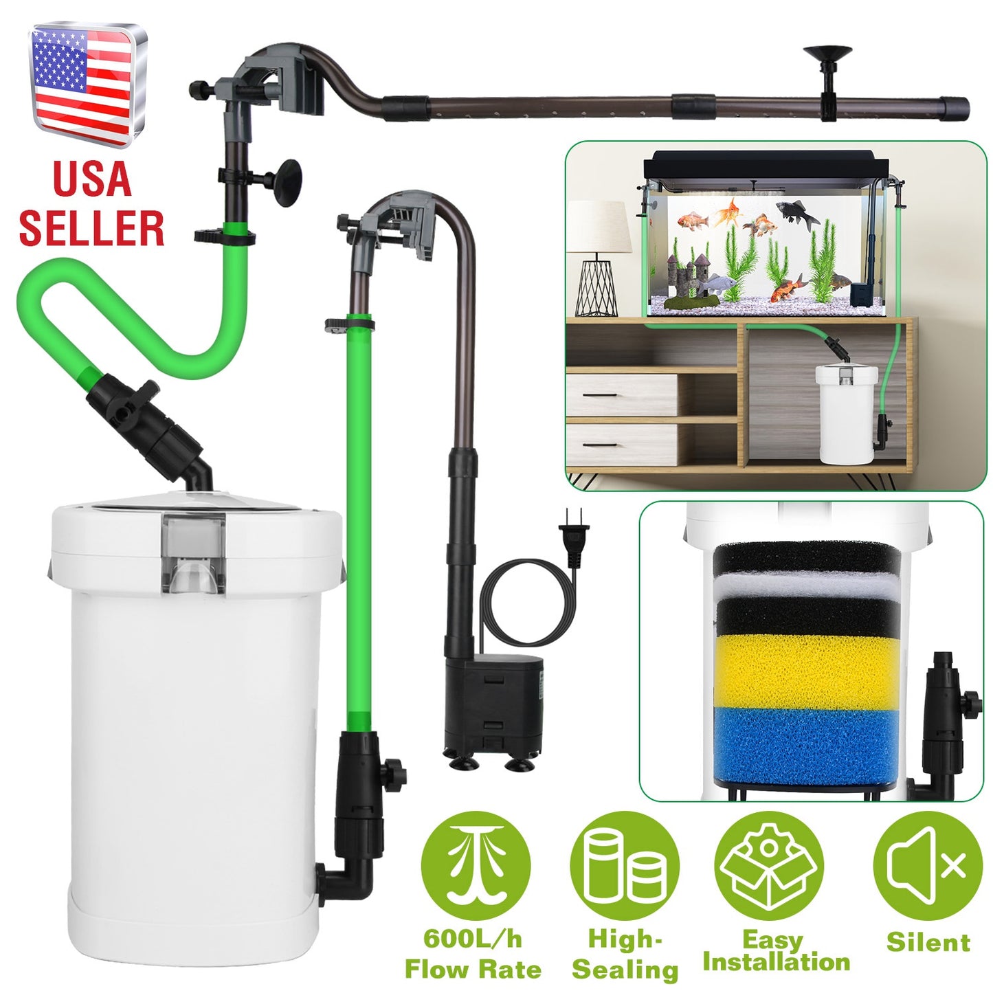 3-Stage External Canister Filter for Aquarium Fish Tank with 600L/H Flow Rate 35.4in Max Height 6W Easy Installation Silent