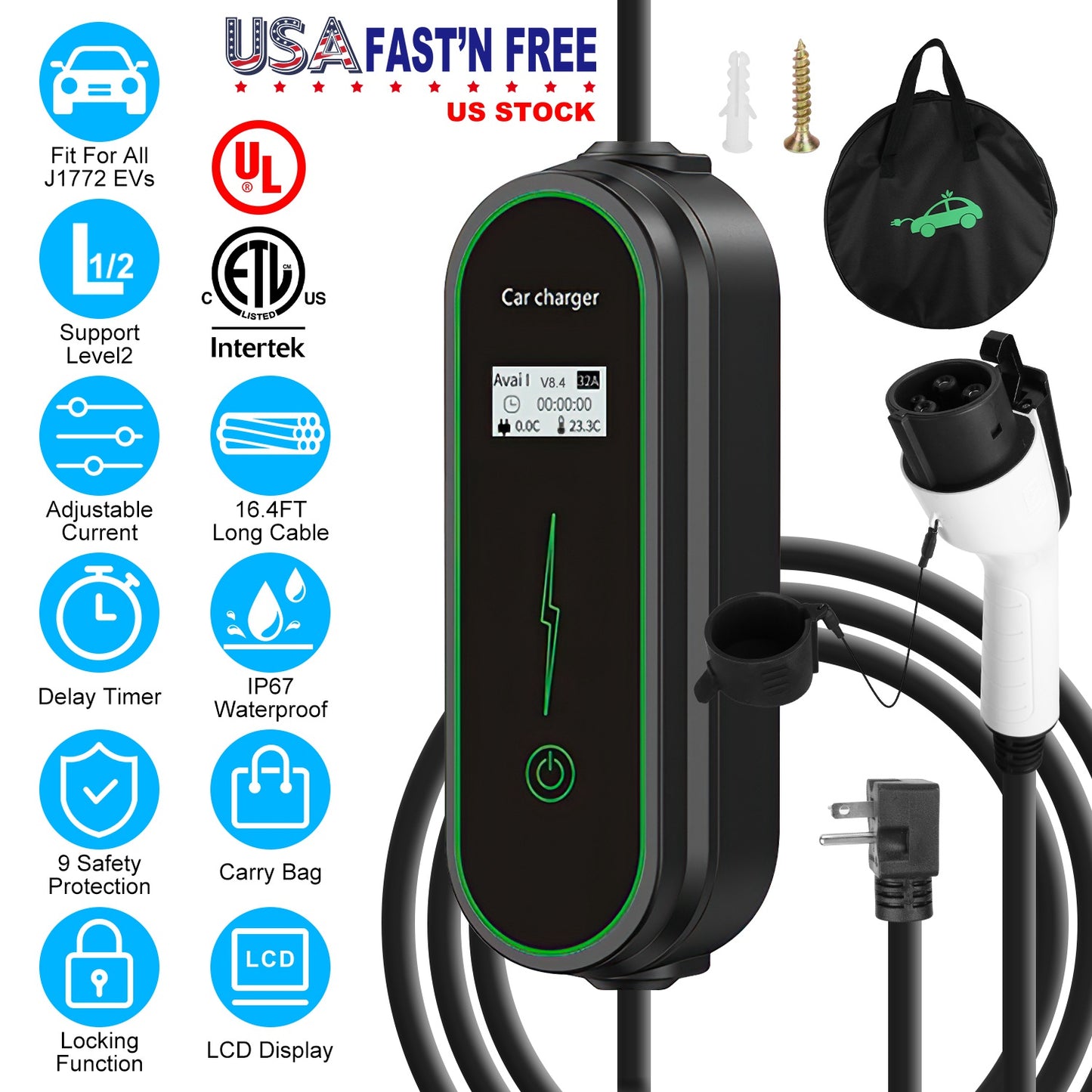 Level2 EV Charger Portable Electric Vehicle Charging Station with NEMA 6-20P PlugÊCarry Bag Fit For All J1772 EV and Hybrid Vehicles for Home and Outd