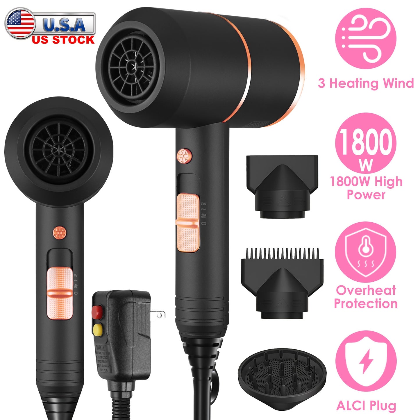 1800W Hair Dryer Portable Compact Hair Blow Dryer with Cool/Warm/Hot Wind with Diffuser Concentrator/Comb Nozzle ALCI Plug Overheat Protection for Wom