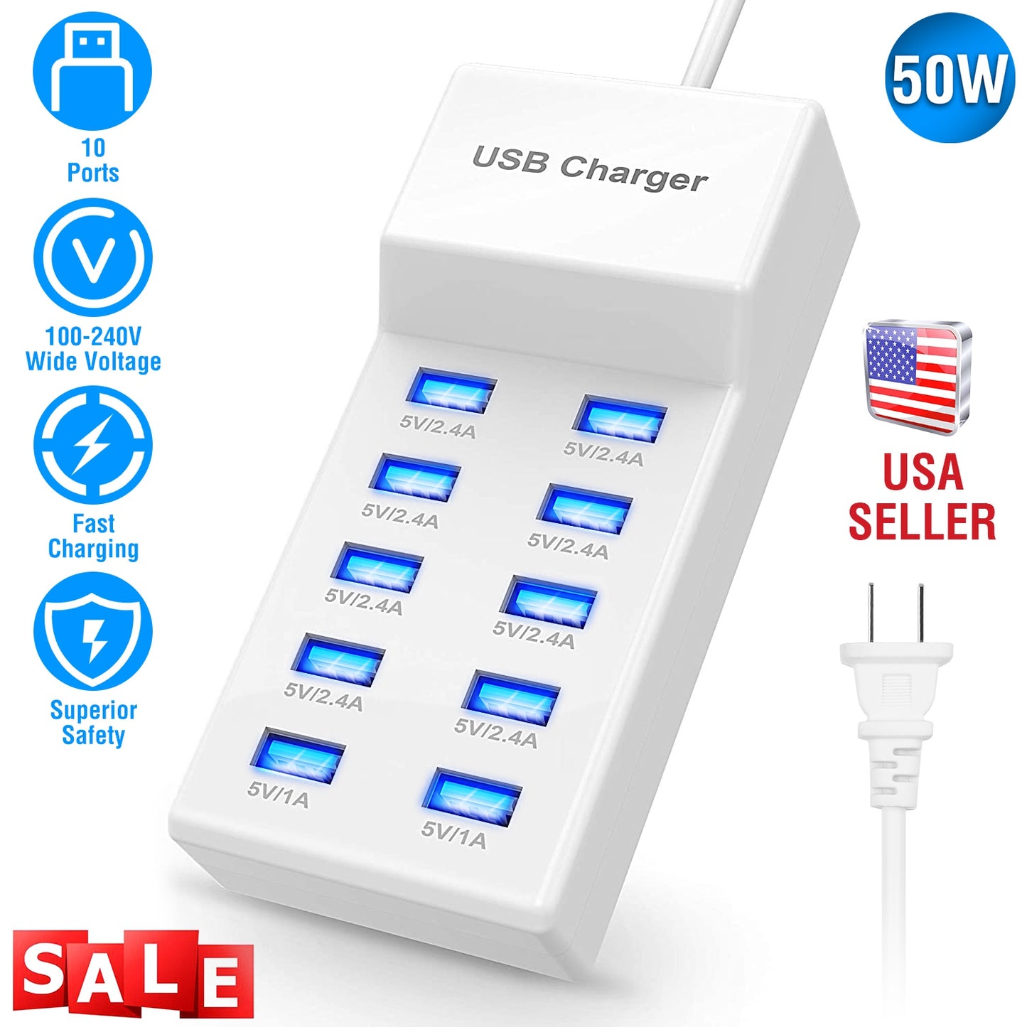 10 Ports USB Charging Station Hub 50W USB Wall Charger Fast Charging Power Adapter for Phone Tablet