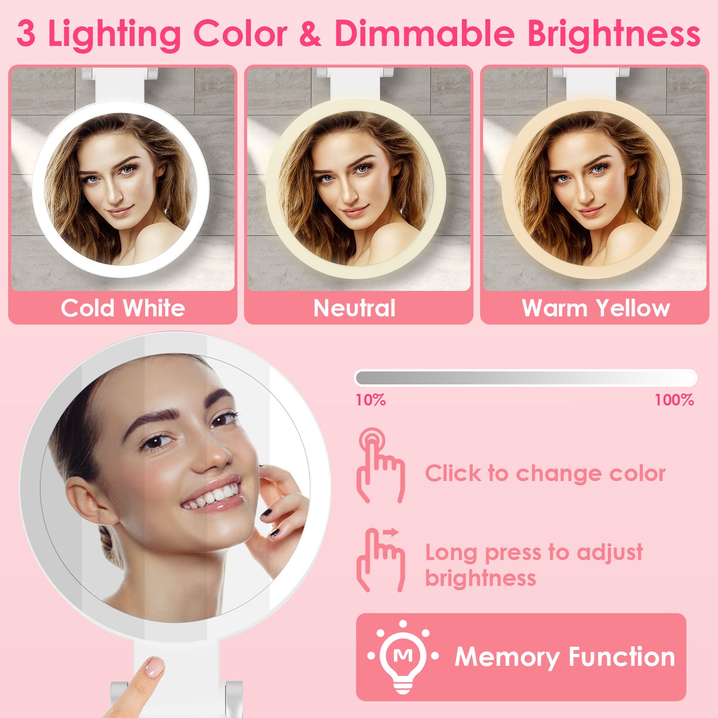 20X/1X Double-Sided Magnifying Makeup Mirror With Light Rechargeable Travel Makeup Mirror With 3 Colors Dimmable Brightness Adjustable Stand Vanity Ta