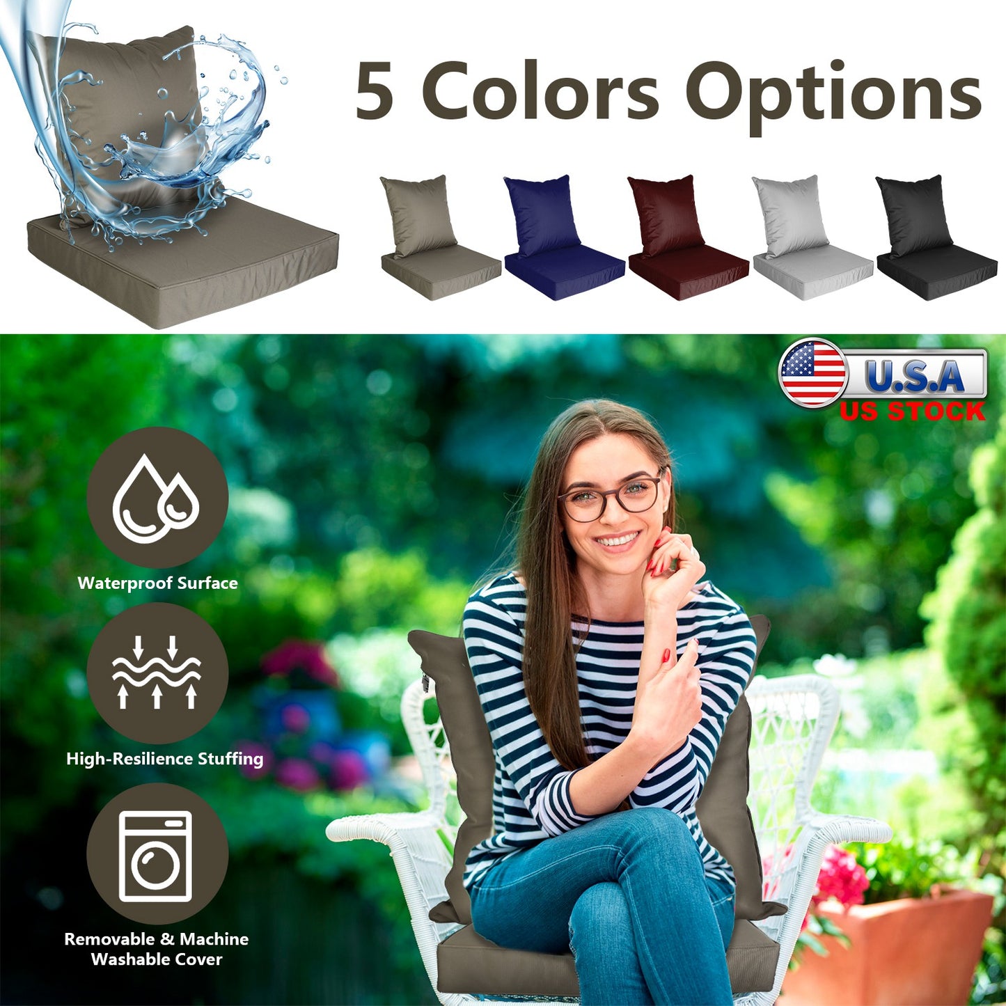 Outdoor Seat Cushion Set Waterproof Patio Furniture Cushion and Back Pillow Fade Resistant Deep SeatÊSet Chair Pad with Removable Cover for Chair Sofa
