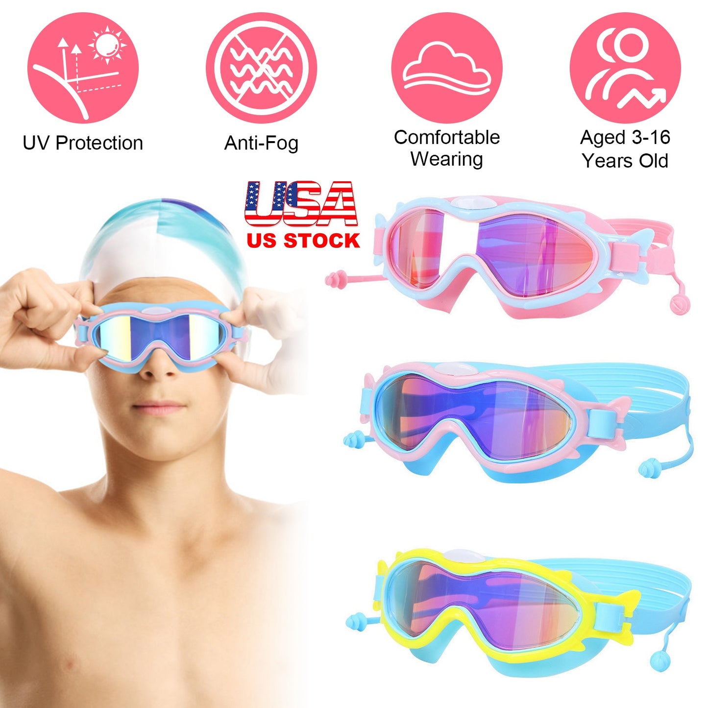 Kids Swim Goggles With Ear Plugs UV Protection Anti-Fog Leak Proof Wide View Pool Swimming Goggles For Youth Boys Girls Aged 3-16 Years Old Summer Bea