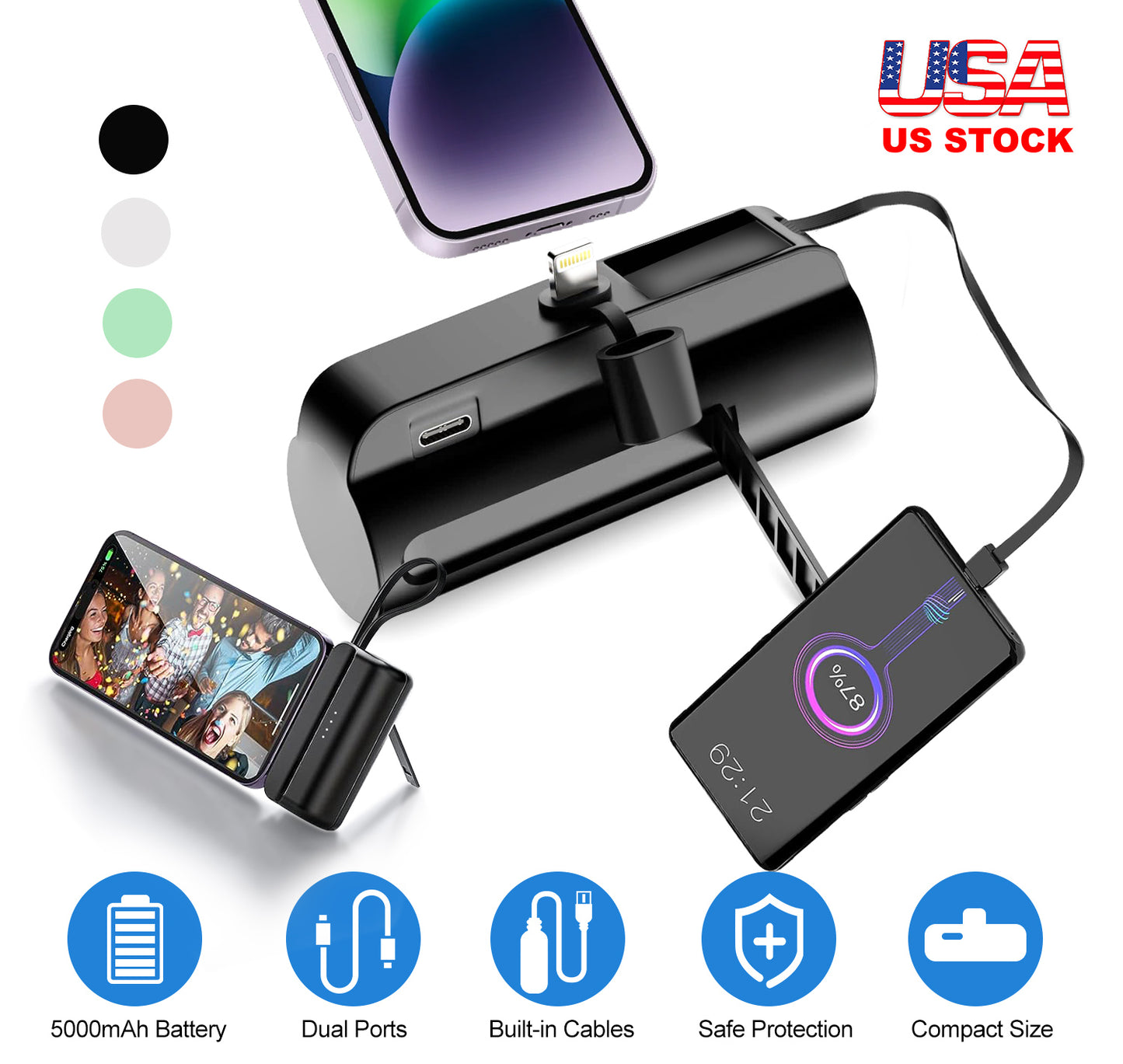 5000mAh Portable Phone Charger Built-in Type-C IOS Cable Dual Output Power Bank Compact Size Compatible with IOS Phone Samsung