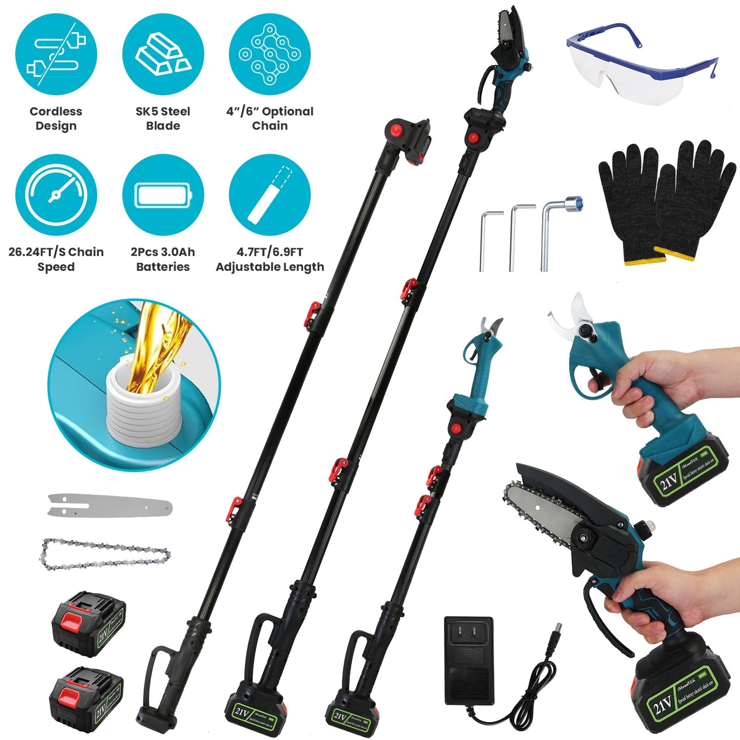 4 in 1 Cordless Pruning Shear and Electric Chainsaw With Max 5.5FT Extension Poles 4Ó/6Ó Pole Saw SK5 Blade Brushless Pruning Shear With 2Pcs 3.0Ah Ba