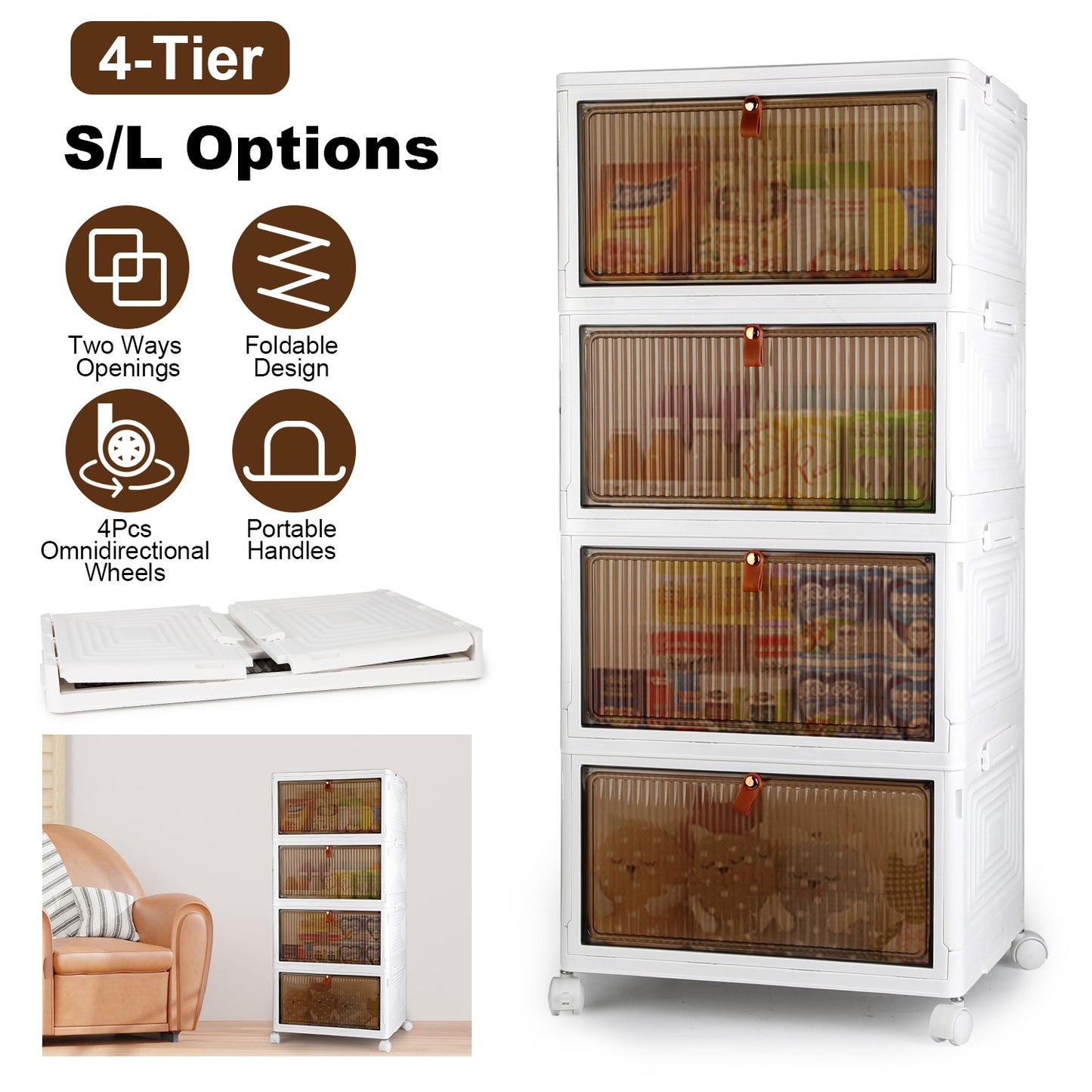 4-Tier Foldable Storage Bins with Lid Front Magnetic Door Collapsible Stackable Closet Organizer Containers with 4Pcs 360¡ Rotatable Wheels