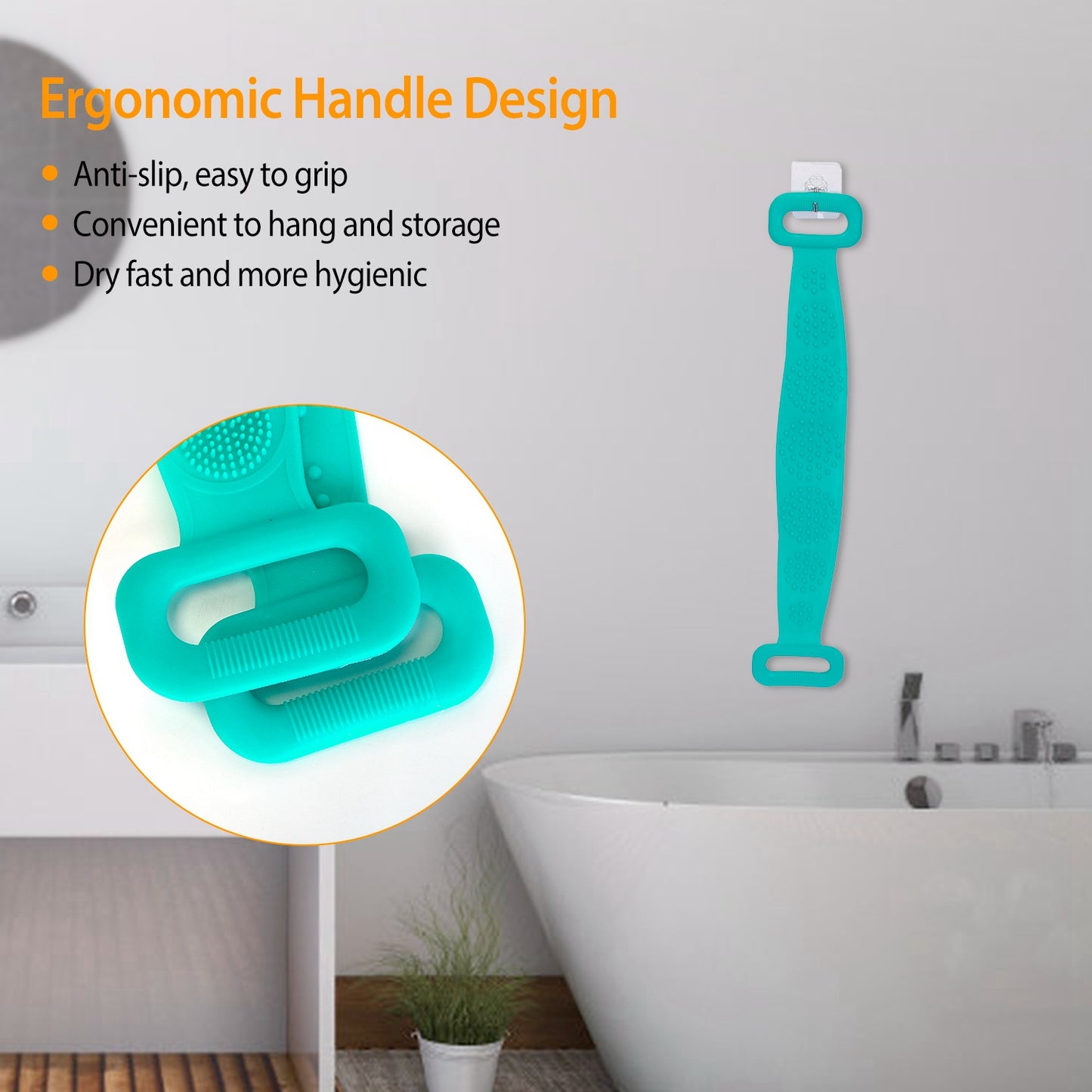 Silicone Back Scrubber Belt For Shower Exfoliating Foaming Body Wash Strap Brush Bristles Massage Dots W/ Adhesive Hook