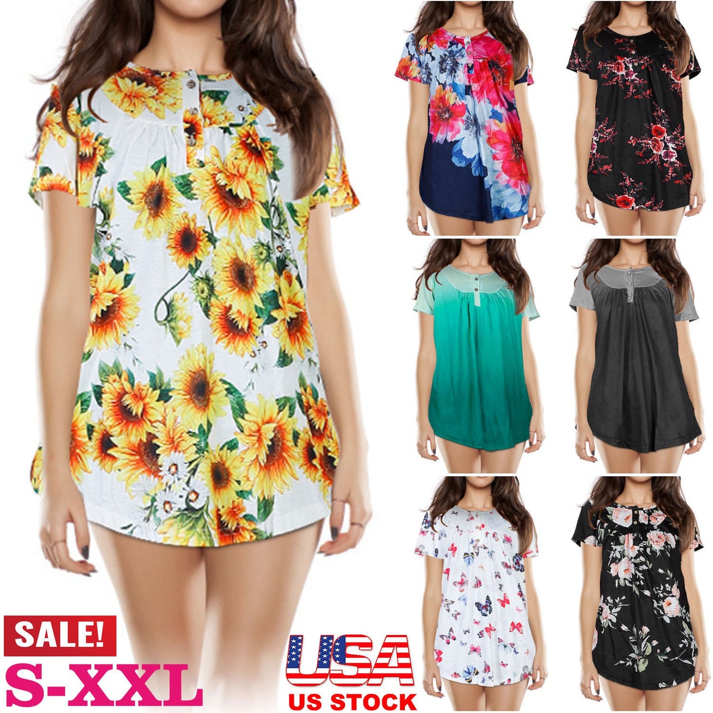 Women Summer Shirts Tops Loose Short Sleeve T Shirts Casual Floral Printed Button Shirts Blouse S-XXL