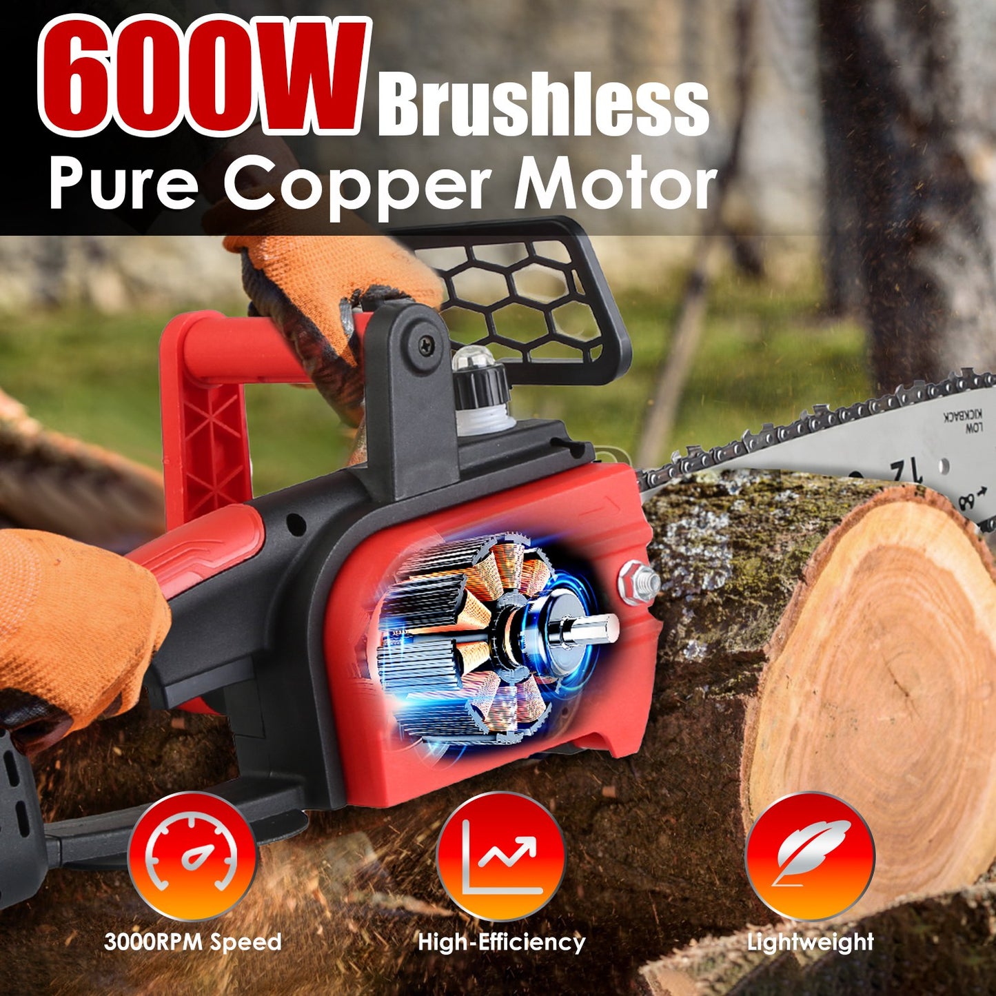 12" Cordless Chainsaw – Brushless, Dual 21V Batteries, Auto Oiler