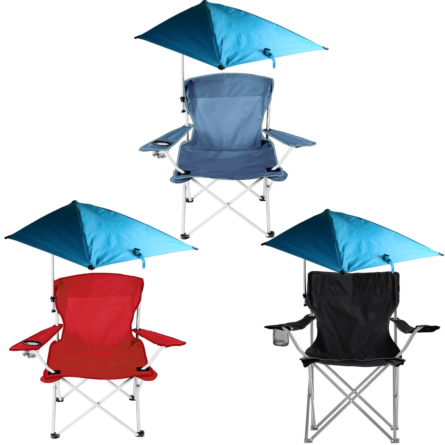 Foldable Beach Chair with Detachable Umbrella Armrest Adjustable Canopy Stool with Cup Holder Carry Bag for Camping Poolside Travel Picnic Lawn Chair