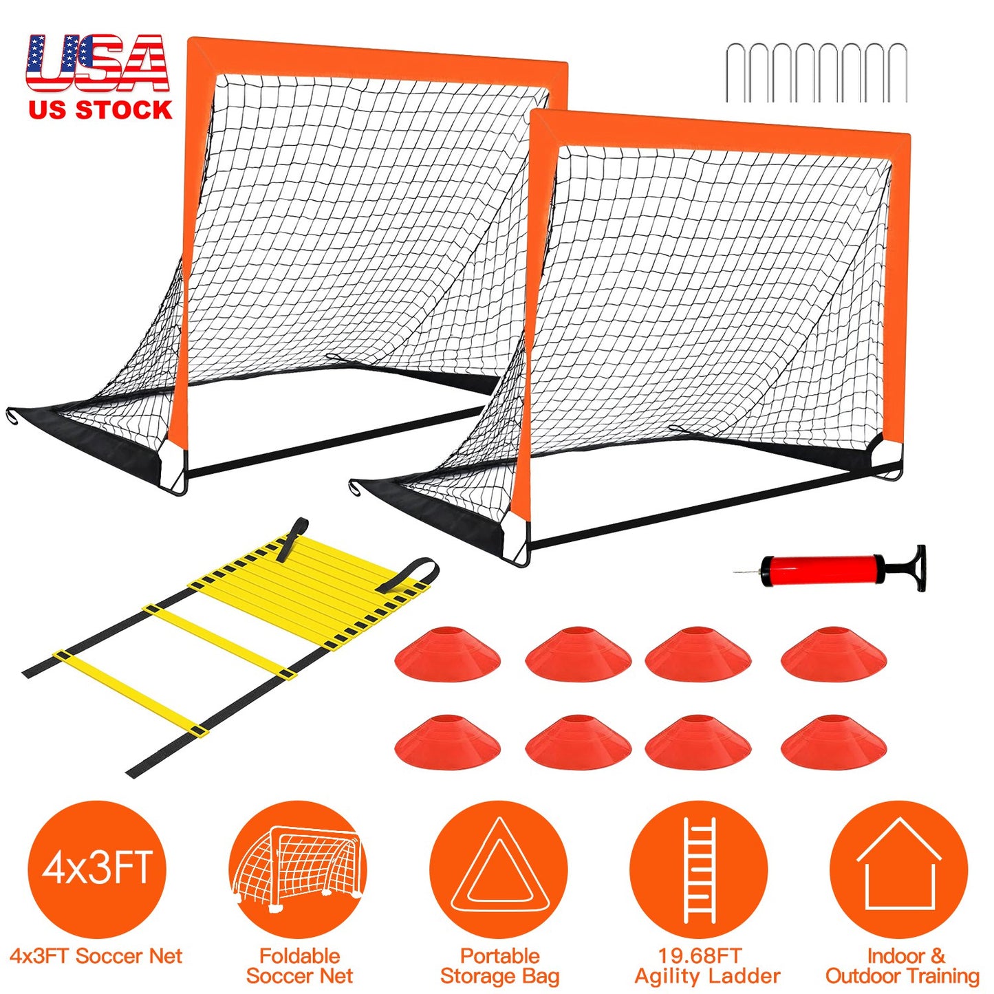 Kids Soccer Goal Training Equipment Set For Backyard Foldable 4x3FT Soccer Net Agility Ladder Inflatable Soccer Field Cones Portable Soccer Practice N