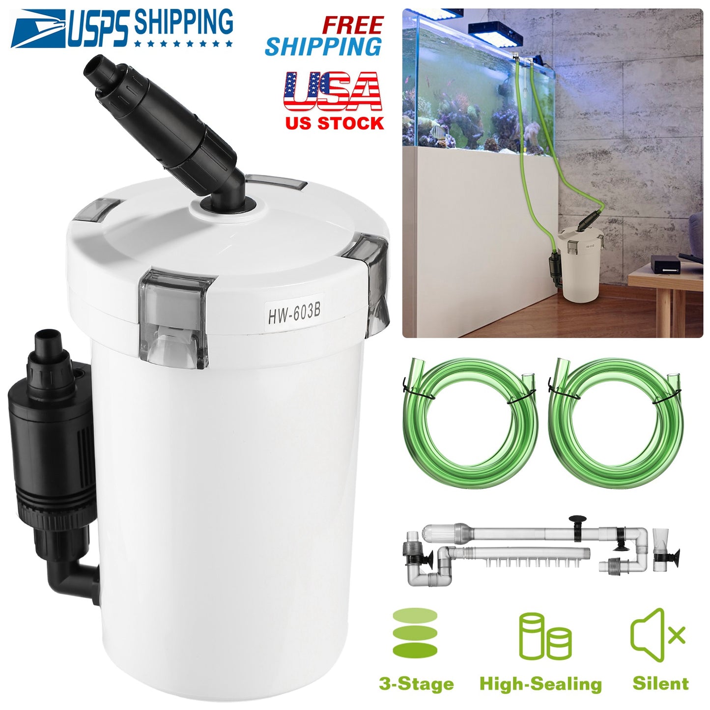 3-Stage External Canister Filter for 28 Gallon Aquarium Fish Tank 105gph 6W Easy Installation Silent