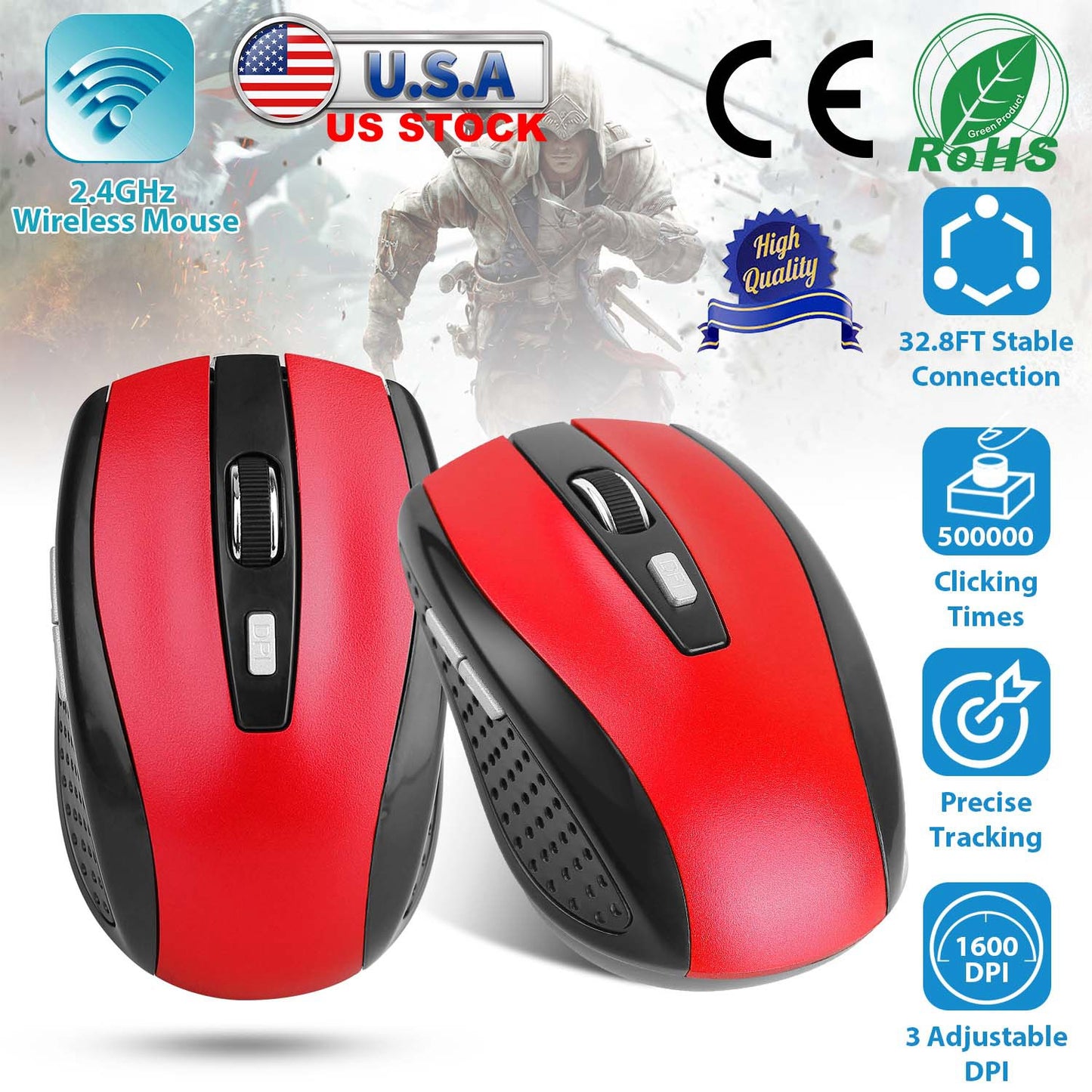 2.4G Wireless Gaming Mouse Optical Mice w/ Receiver 3 Adjustable DPI 6 Buttons For PC Laptop Computer Macbook