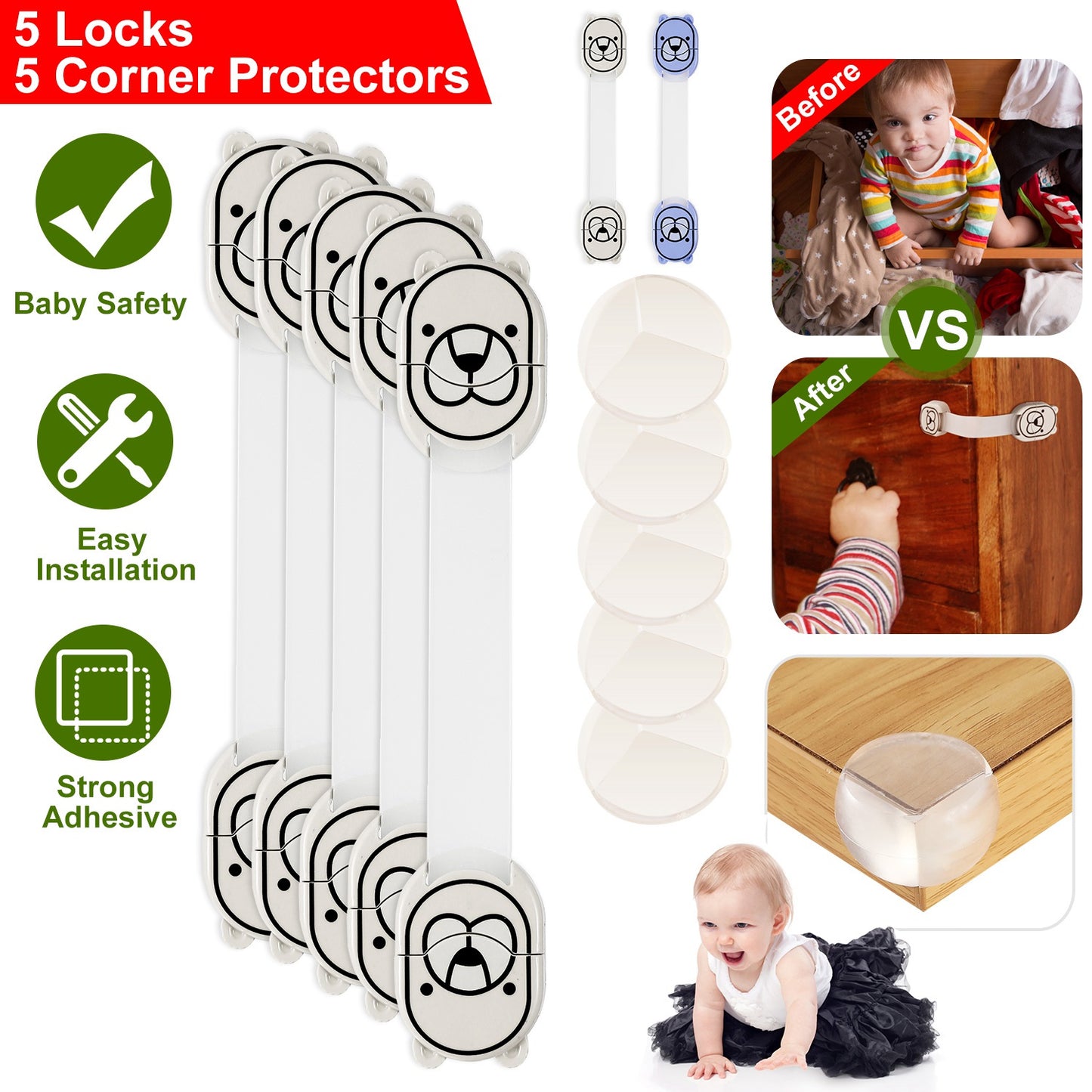 5Pcs Kids Safety Locks w/ 5 Furniture Corner Protectors Drawer Cabinet Strap Locks Baby-Proof Adhesive Fridge Latches Locks