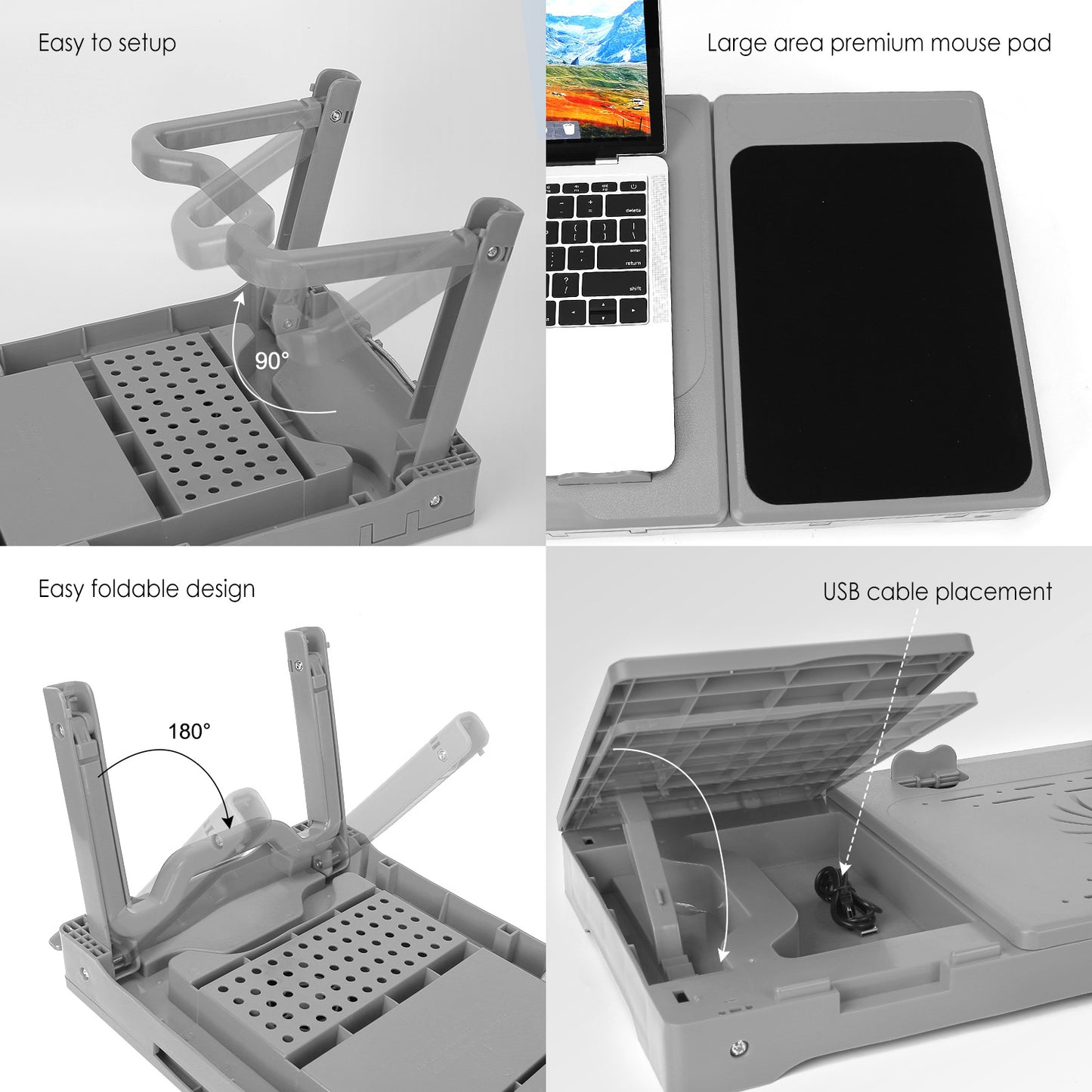 Foldable Laptop Table Bed Notebook Desk w/Cooling Fan Mouse Board LED light 4 x USB Ports Breakfast Snacking Tray with Storage Groove For Home Office