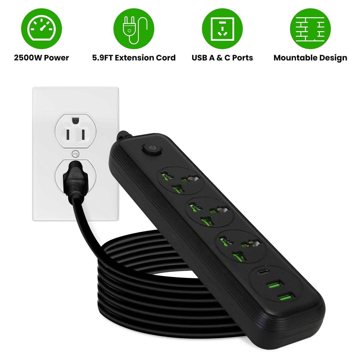 Power Strip with 5.9FT Extension Cord 3 AC Outlets and 2 USB A Ports 1 USB C Port 2500W Wall Mount Outlet Extender For Home Office Dorm Travel