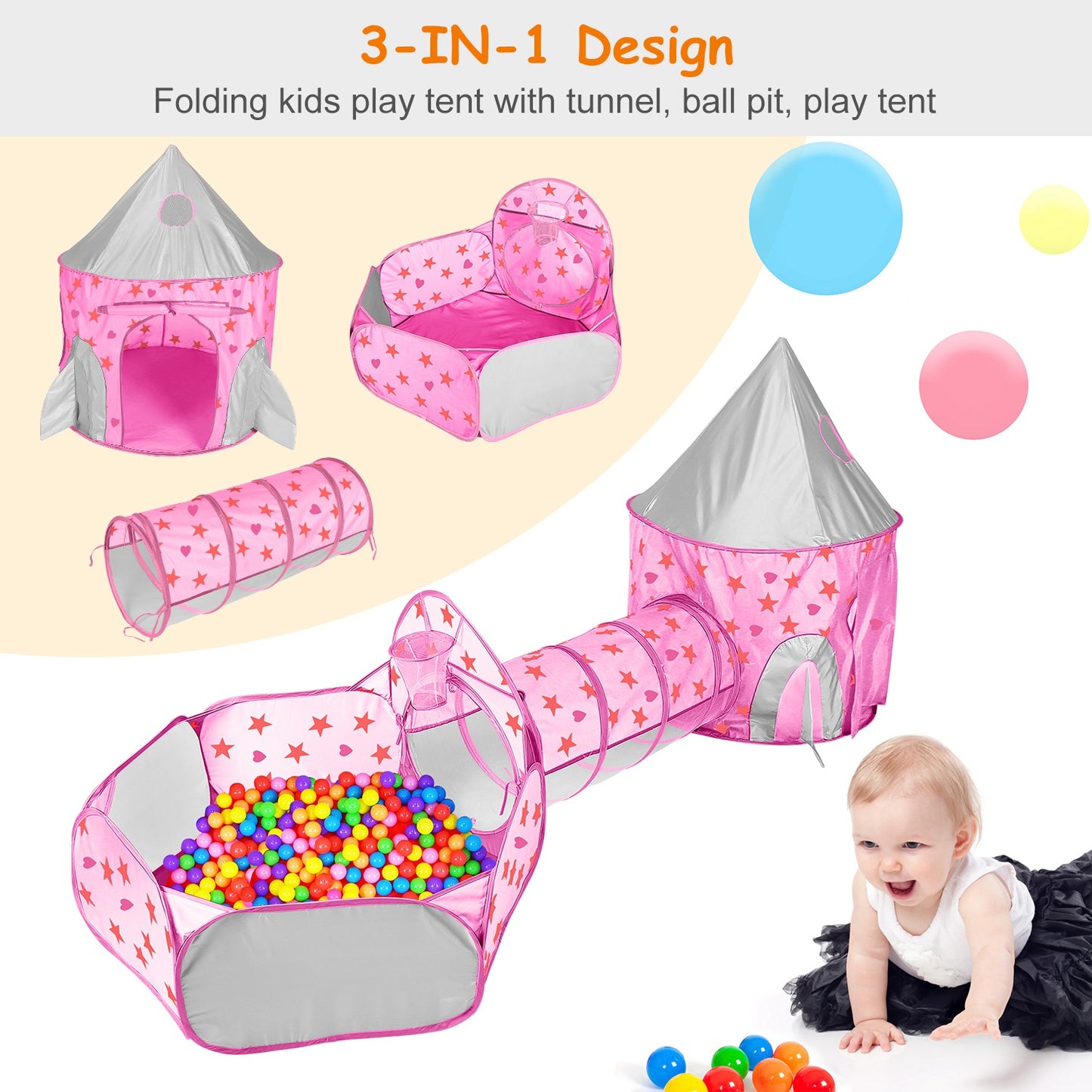 3 In 1 Child Crawl Tunnel Tent Kids Play Tent Ball Pit Set Foldable Children Play House Pop-up Kids Tent w/Storage Bag For Indoor Outdoor Travel Use