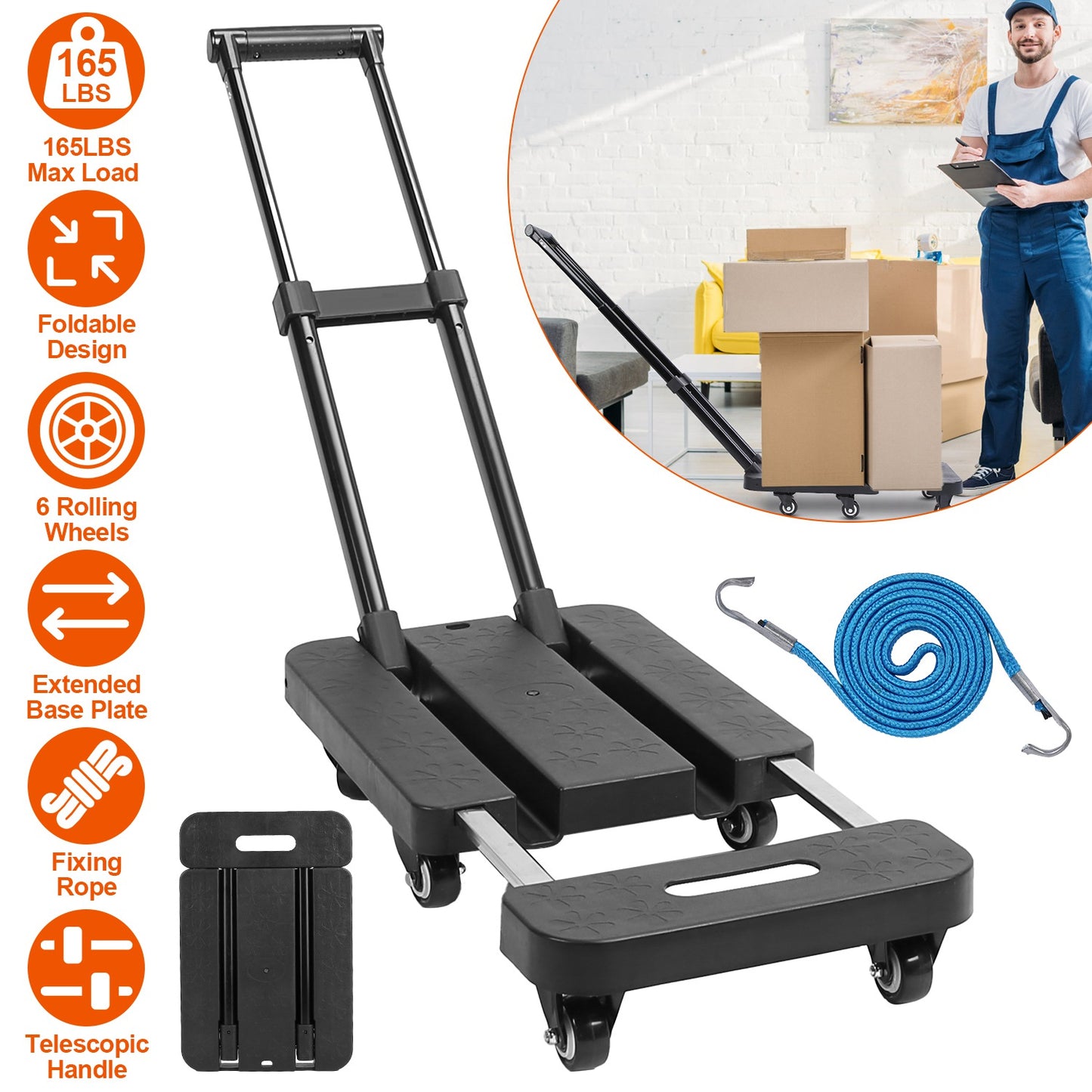 Folding Hand Truck Collapsible 165LBS Heavy Duty Luggage Cart Foldable Utility Dolly Platform Cart with 3-Length Telescopic Handle 6 Wheels 1 Elastic