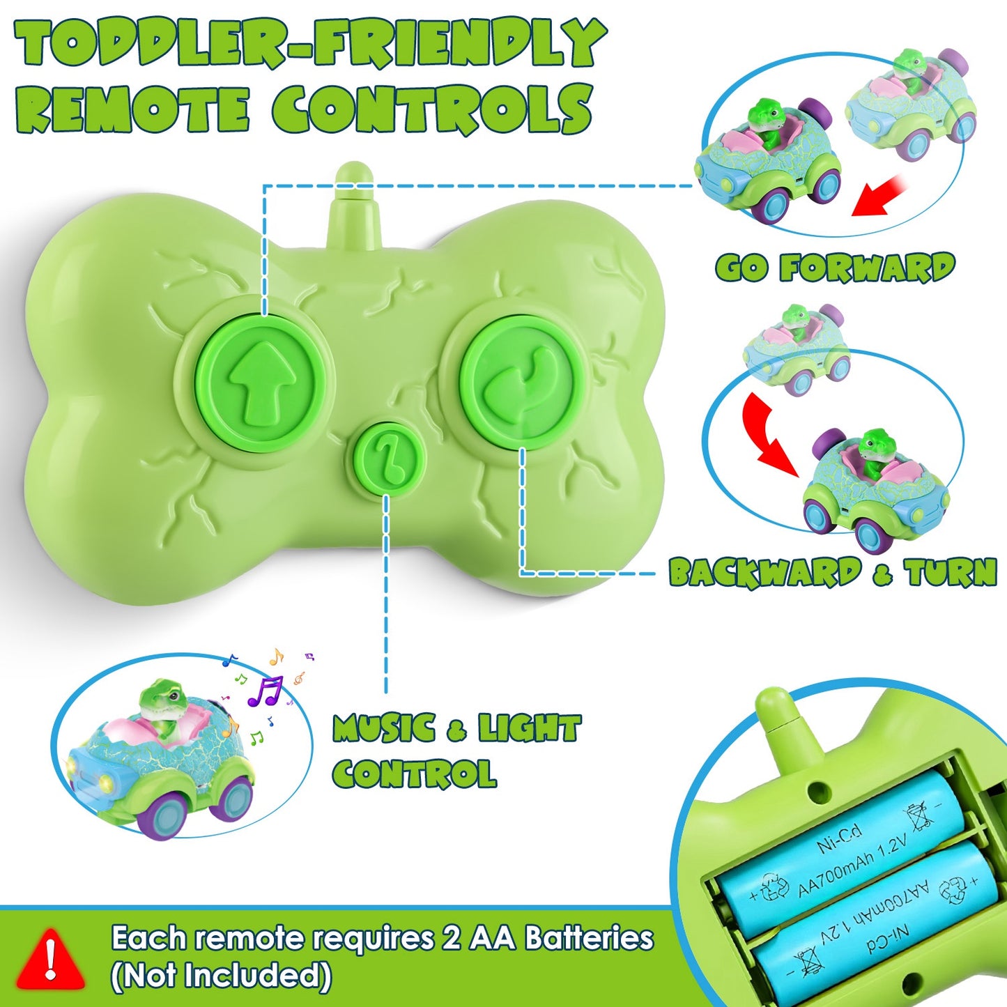 2Pack Dinosaur Remote Control Cars for Toddlers Rechargeable RC Cars with Light Music Birthday Gift For Boys Girls Aged 3 4 5 6 Years Old