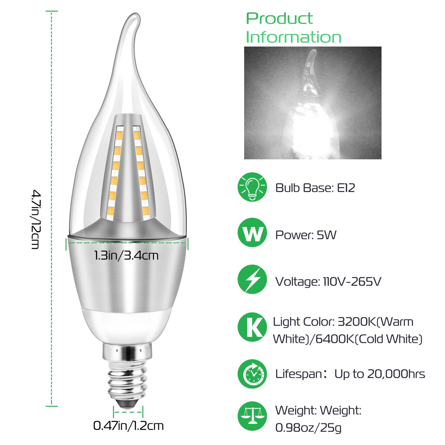 4pcs 5W E12 Candelabra Bulbs 600 LM 50W Equivalent Candle Flame Tip Light Bulb 6500K Cold White Non-Dimmable Lamp