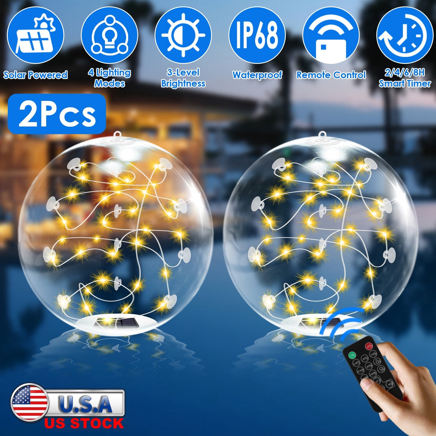 2Pcs Floating Pool Lights 14in Solar Powered Pool Balls IP68 Waterproof InflatableÊPool Decoration Lights with Remote Control 3 Light Modes Timer Adju