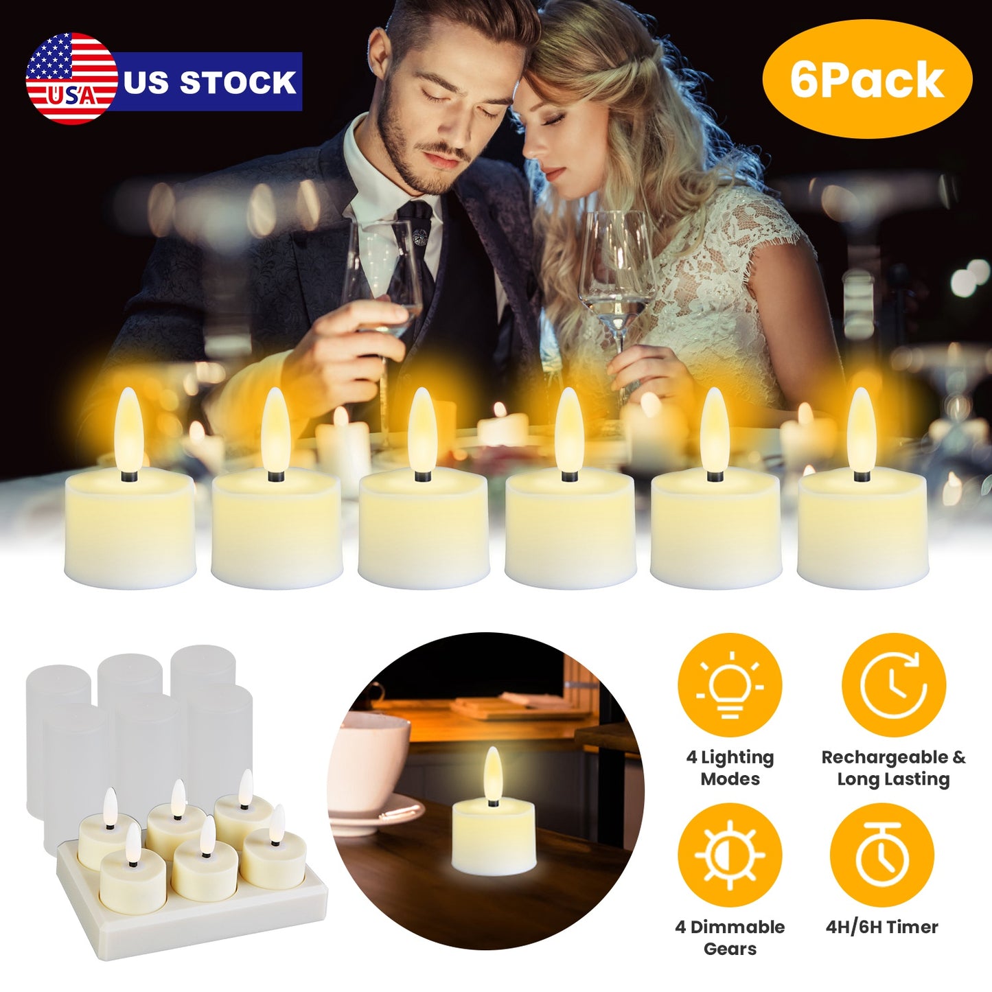 6Pack Rechargeable Tea Lights With Charging Base Flameless Flickering LED Candles with Timer Remote Control for Halloween Christmas Wedding Party