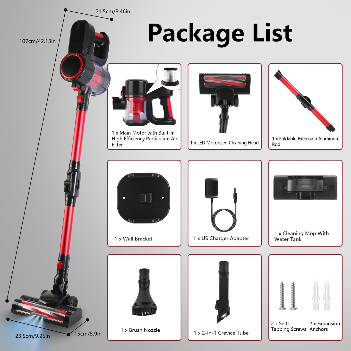 Cordless Vacuum Cleaner Lightweight Handheld Vacuum Upright Stick Floor Vacuum Battery Powered Mop with Lighting 2 Speeds 12000PA Suction 4 Tools Moun