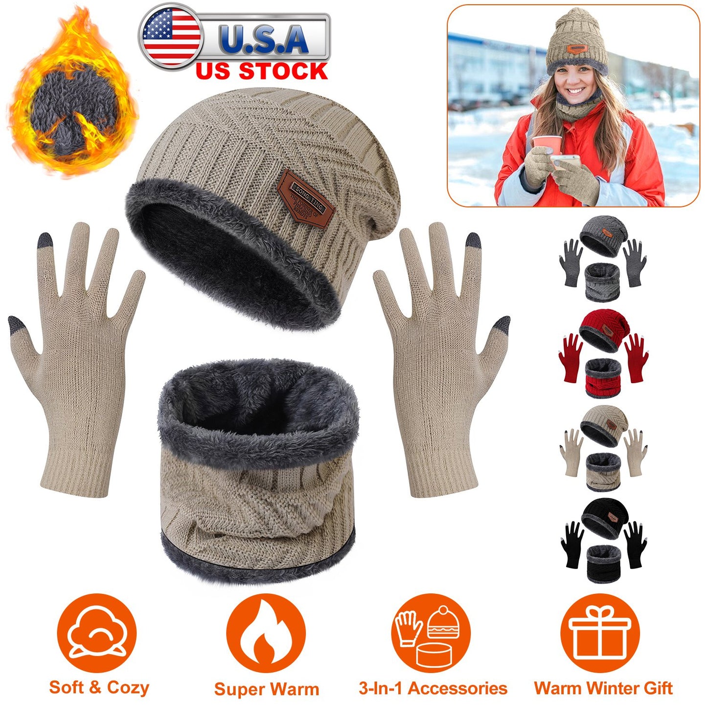 Winter Knitted Hat Scarf Gloves 3Pcs Winter Warm Beanie and Touch Screen Gloves Scarf Set Knit Beanie Skull Cap Neck Warmer Mittens for Men Women