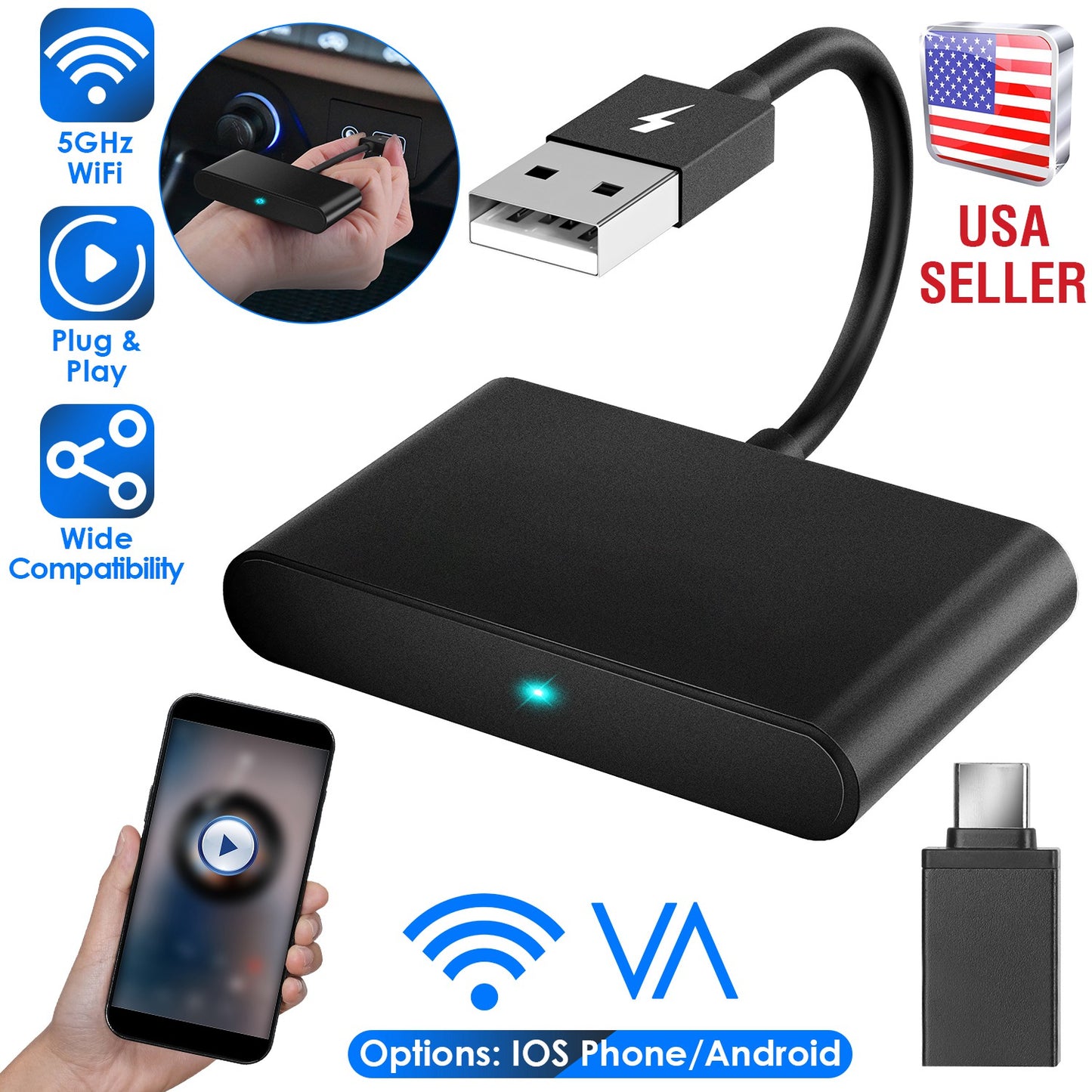 Android Wireless Adapter for In-car Infotainment System 5GHz WiFi Car Auto Navigation Player Fit for FORD HONDA CHEVROLET IOSPhone 6+