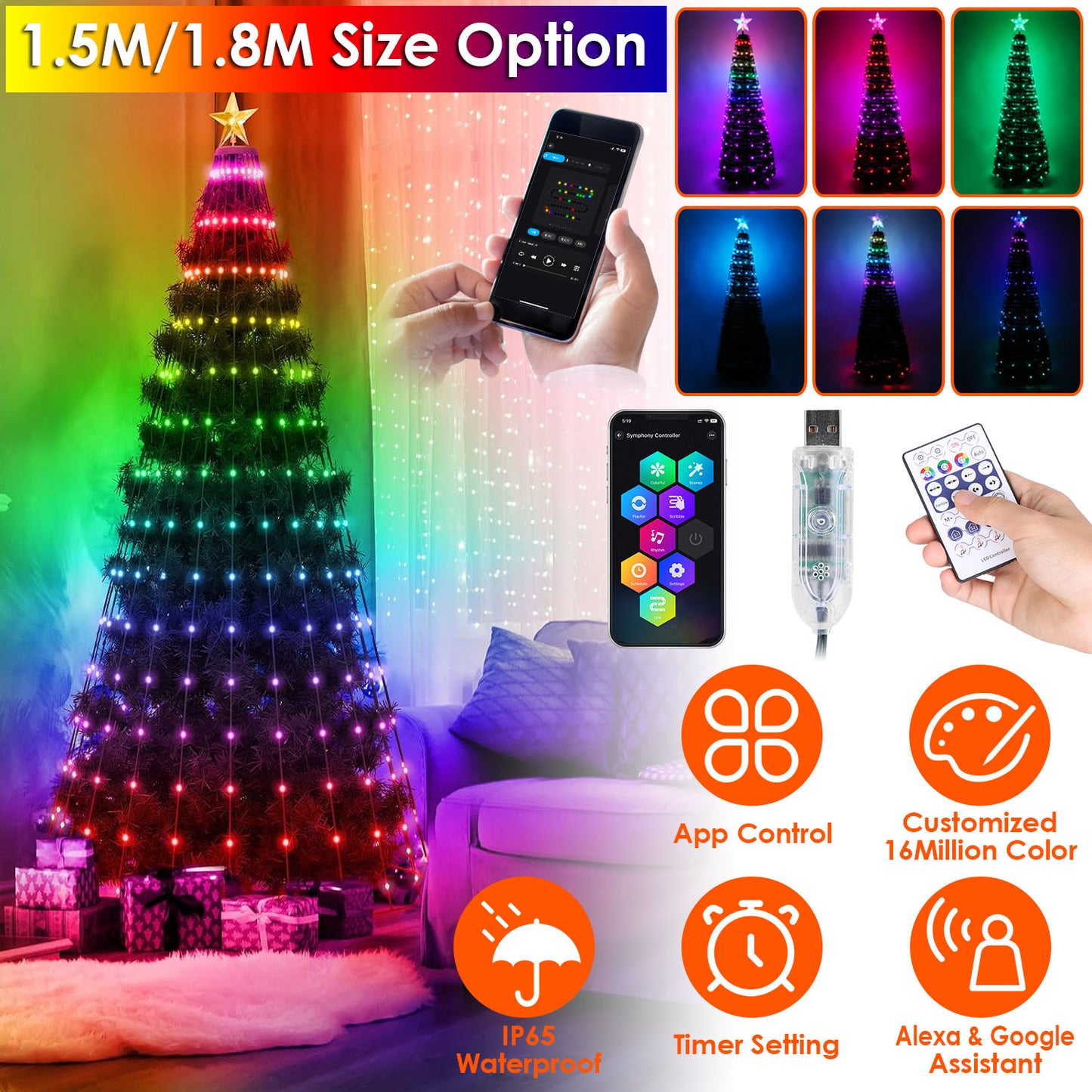 4.9FT 166Pcs LED Lights Collapsible Christmas Tree Light with Remote App Control IP65 Waterproof Customized Multi-Color Mode Timer Setting Work with A