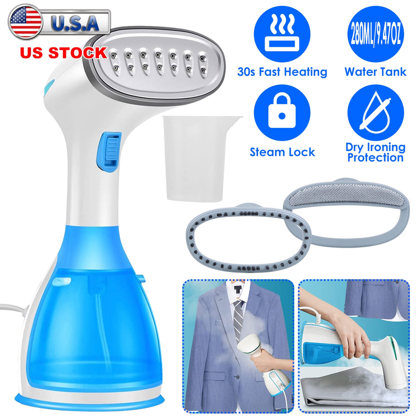 1500W Portable Handheld Clothes Steamer with 2 Brush Electric Travel Steamer for Garments Clothing Wrinkles Remover Dry Ironing Protection 30S Heat Up
