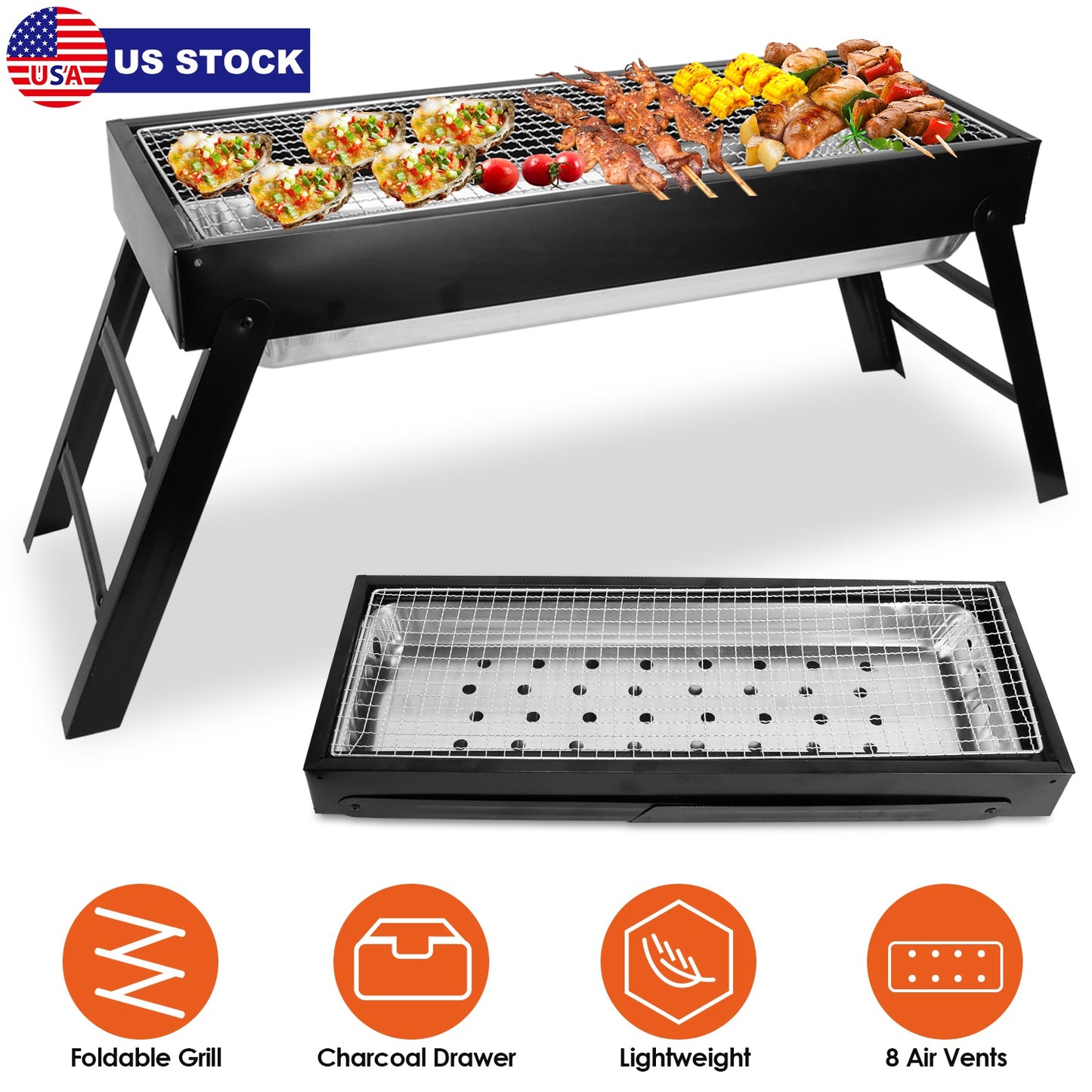 Foldable Charcoal BBQ Grill Stainless Steel Grill Net Easy Setup Portable Tabletop Barbecue Grill for Camping Picnic Outdoor Party Backyard