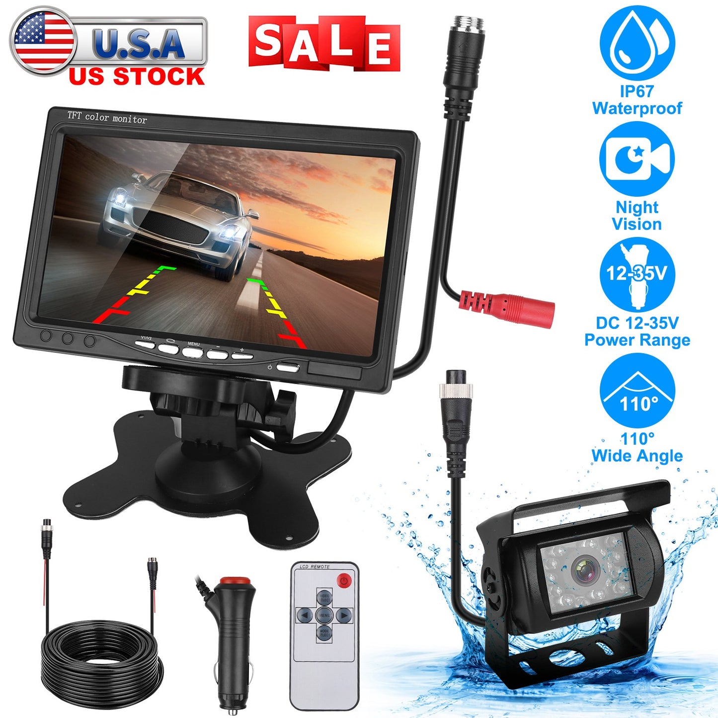 7In Screen Backup Camera System Vehicle Rear View Monitor Kit IP67 Waterproof Car Parking Reverse System with Night Vision for Car Trunk Van SUV