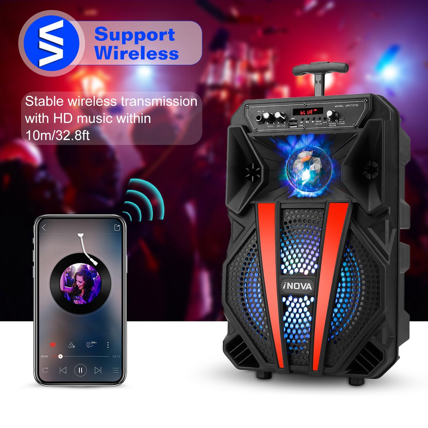 8Ó Wireless Party Speaker Subwoofer Bass Portable TWS Party Speaker w/ Microphone Support FM Radio Remote Control MMC Car Slot LED Colorful Lights