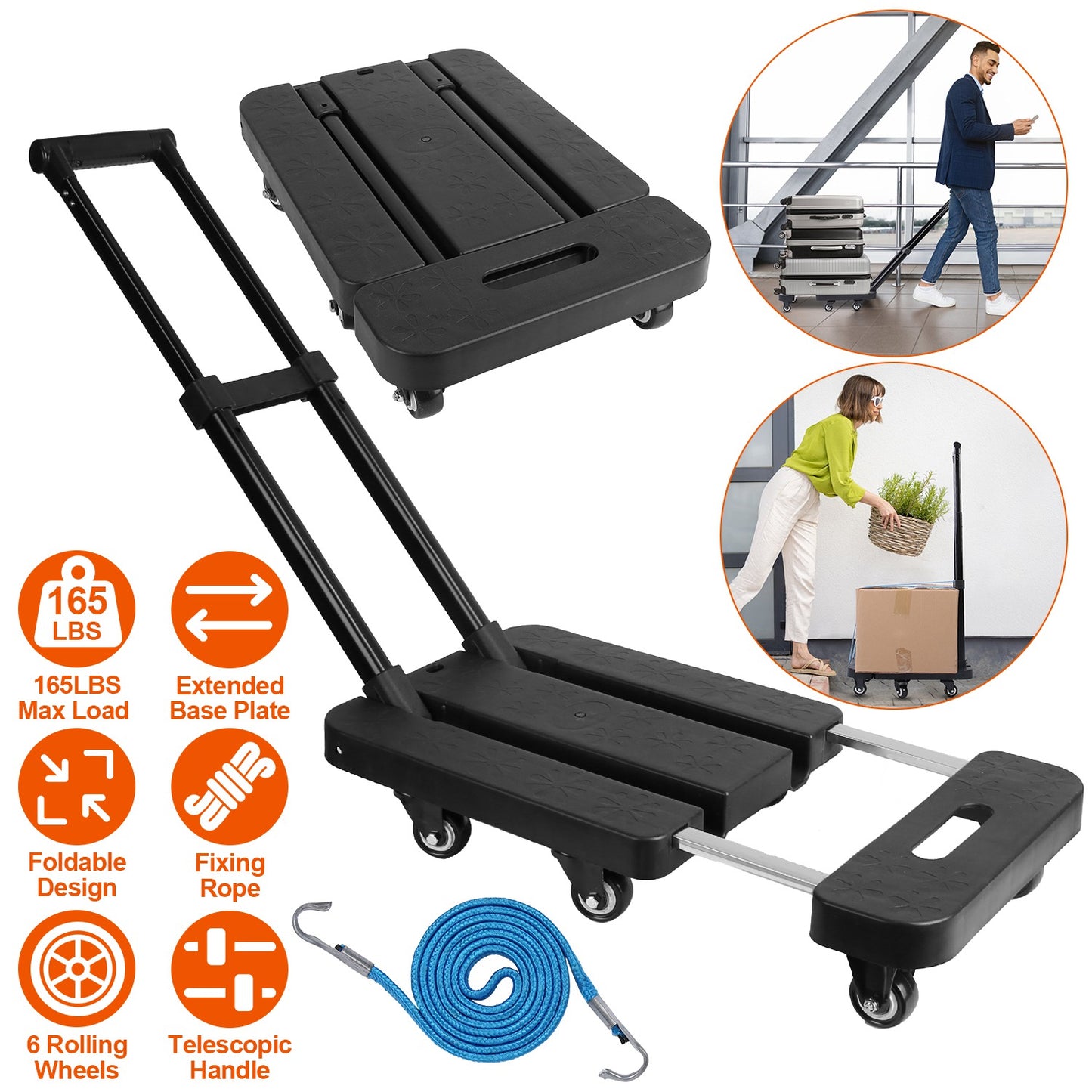 Folding Hand Truck Collapsible 165LBS Heavy Duty Luggage Cart Foldable Utility Dolly Platform Cart with 3-Length Telescopic Handle 6 Wheels 1 Elastic