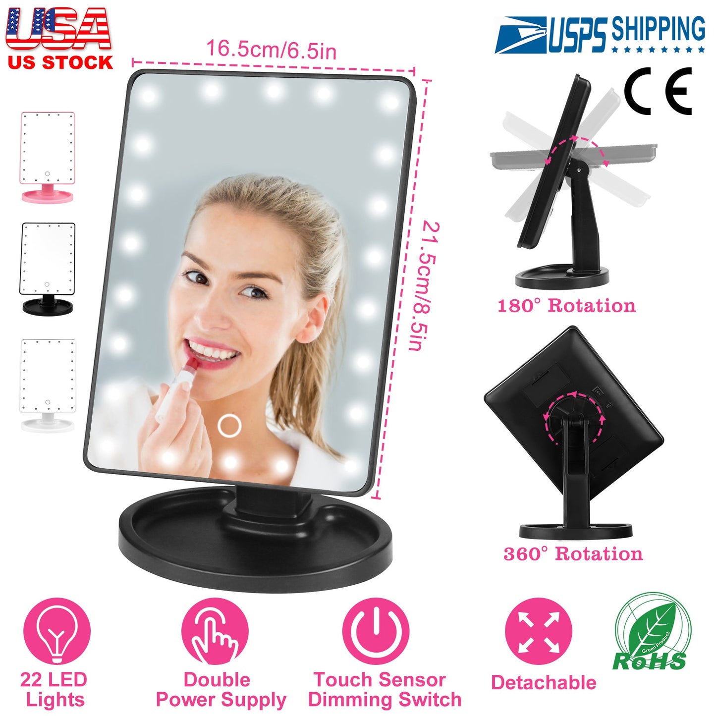 22 LED Lights Rechargeable Cosmetic Mirror 180¡ Rotation Makeup Mirror Touch Control Dimmable Vanity Mirror