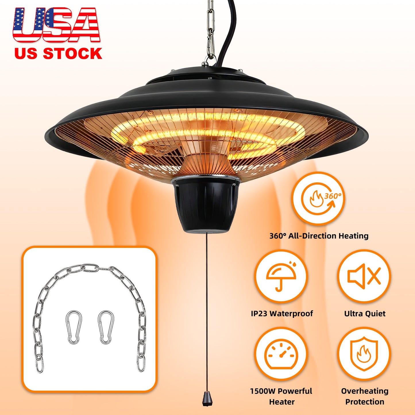 1500W Outdoor Hanging Patio Heater Ultra-Quiet Electric Heating Lamp IP23 Waterproof 2 Heating Levels Overheating Protection Ceiling Mounted Outdoor H