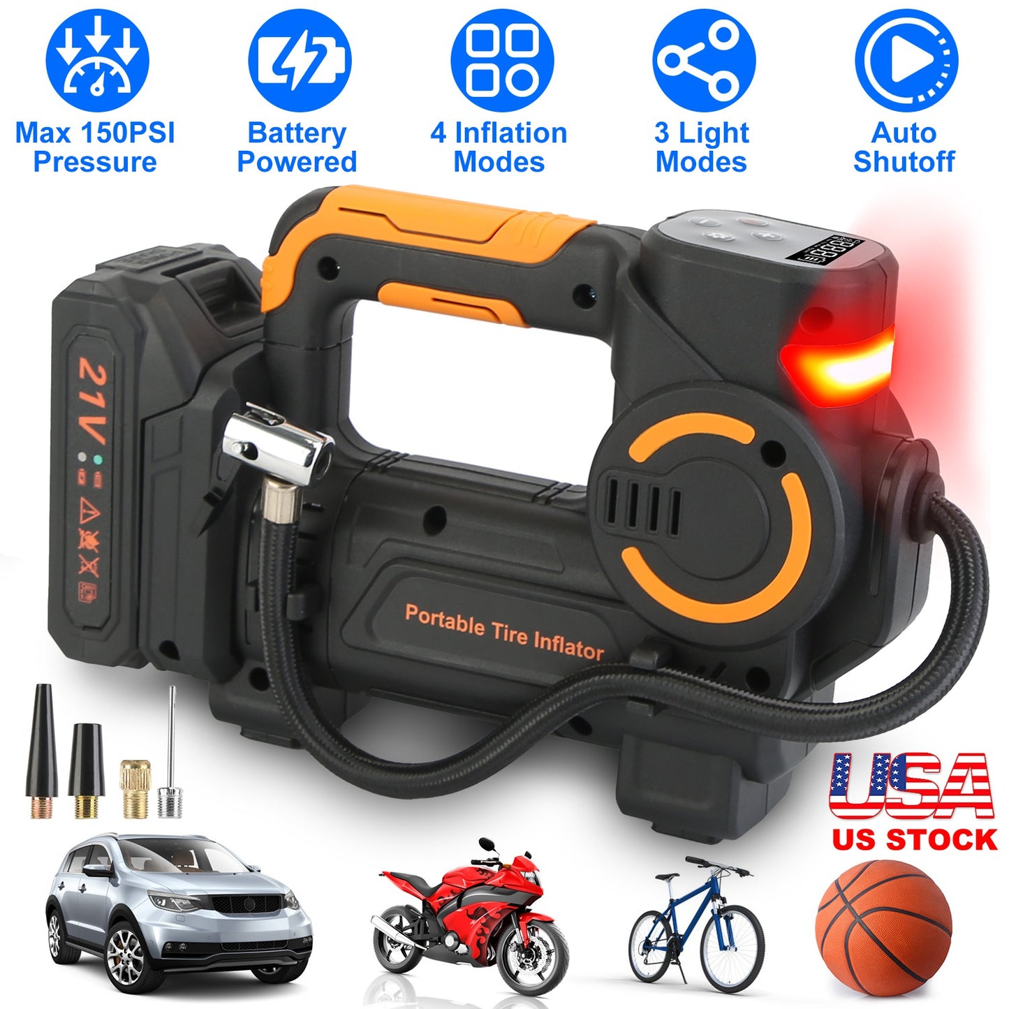 140W 150PSI 21V Battery Powered Tire Inflator Cordless Air Pump Digital Air Compressor with LED Light for Cars Motorcycles Bicycles Balls