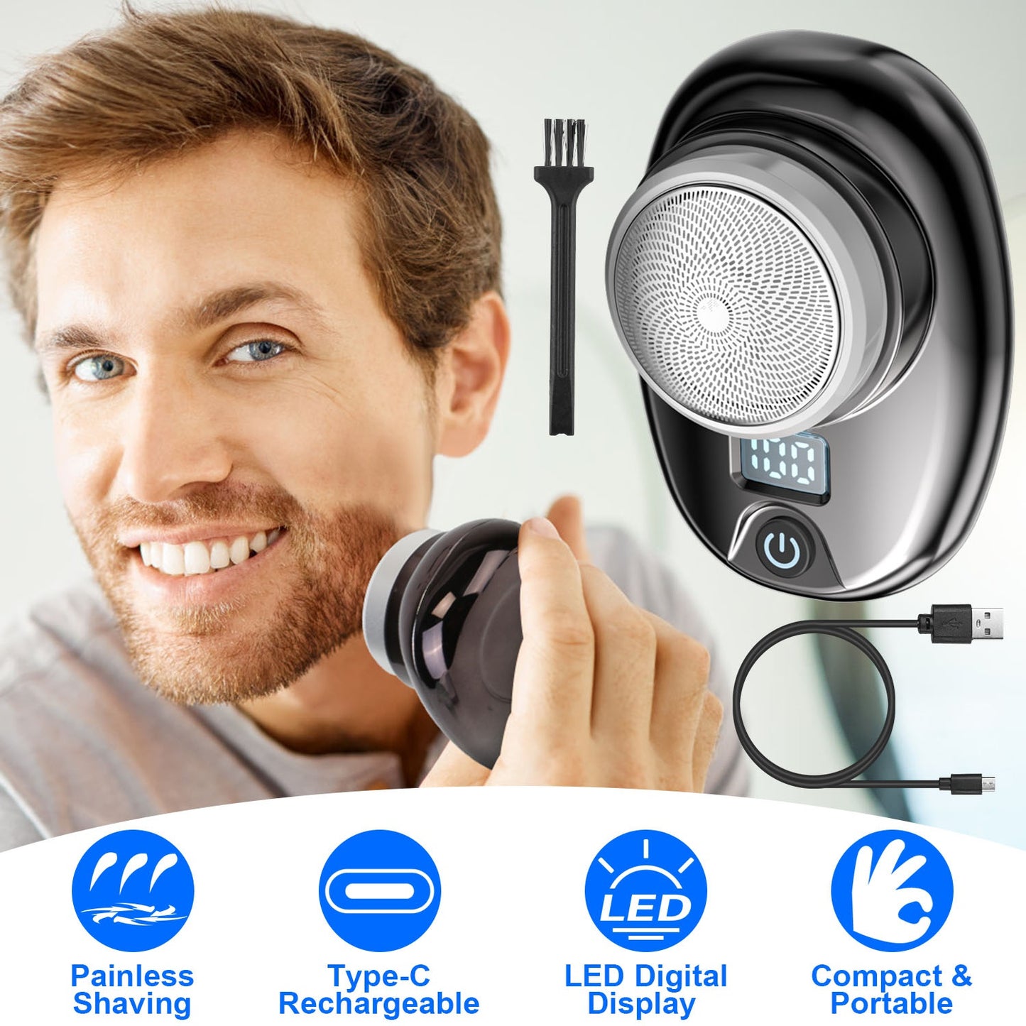 Portable Electric Shaver with LED Digital Display Type-C Rechargeable Electric Razor for Men Electric Beard Trimmer for Home Office Travel Car