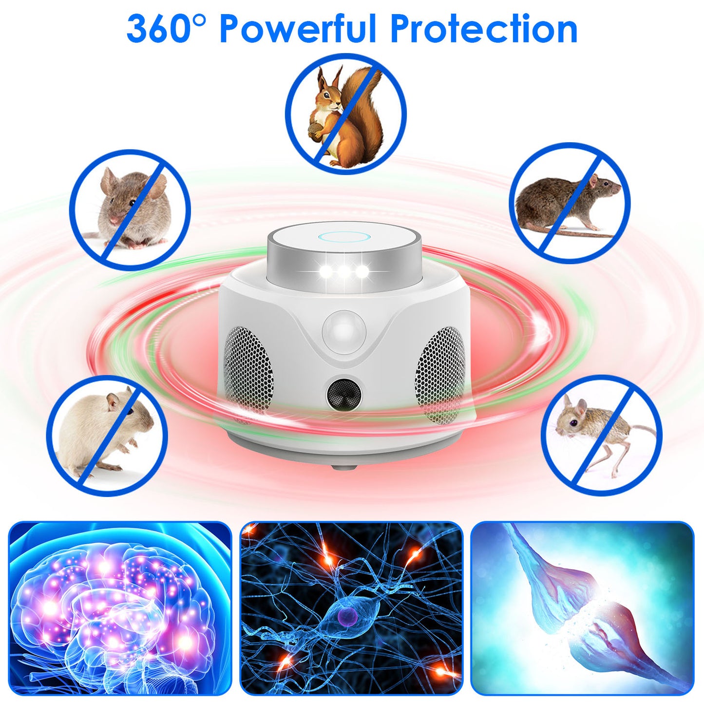 360¡ Ultrasonic Mice Repellent Indoor Rodent Repeller Mice Rat Squirrel Rodent Chaser with 3 Modes 9 Strobe Lights for Kitchen Living Room Attic Basem
